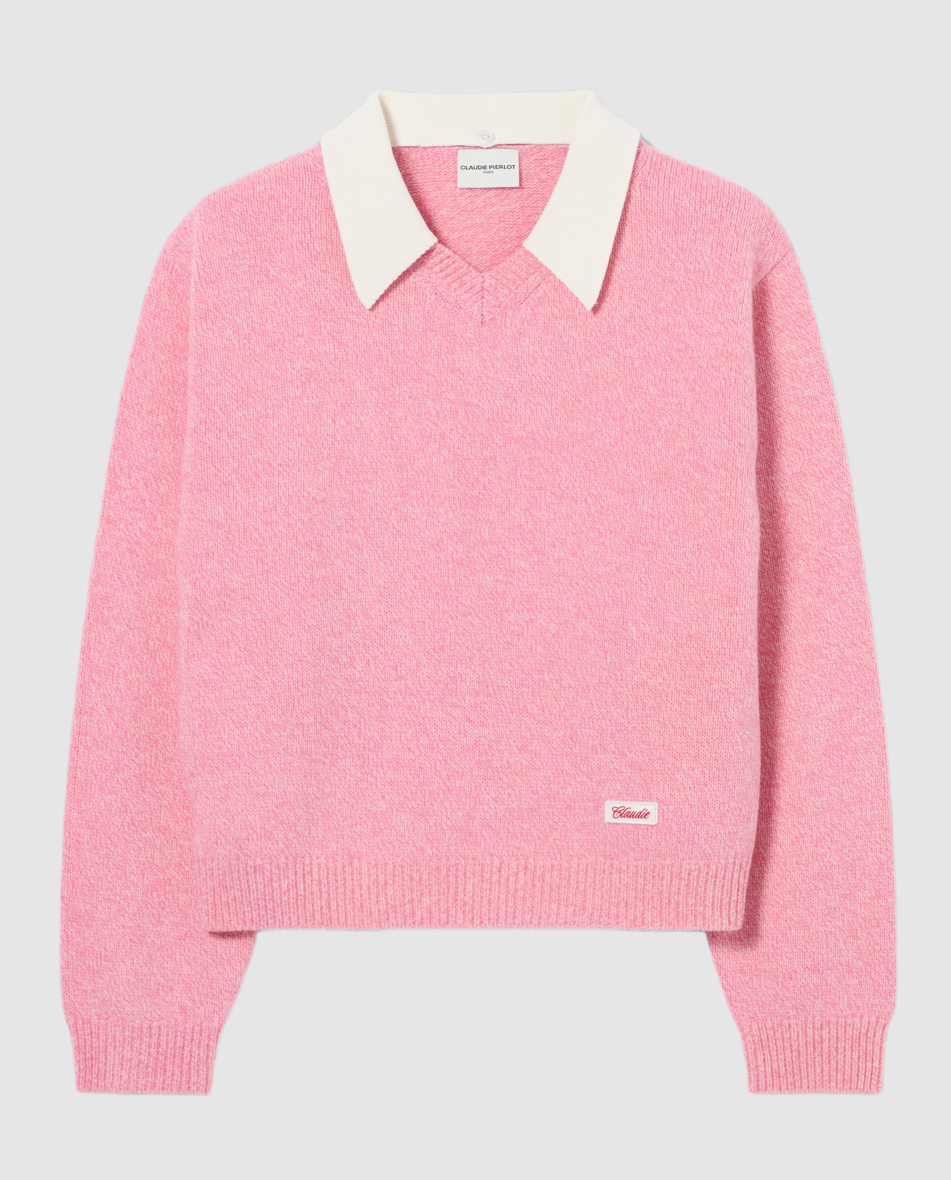Jersey de mujer mouliné con escote v y cuello camisero desmontable - Claudie Pierlot - Rosa Rosa-6