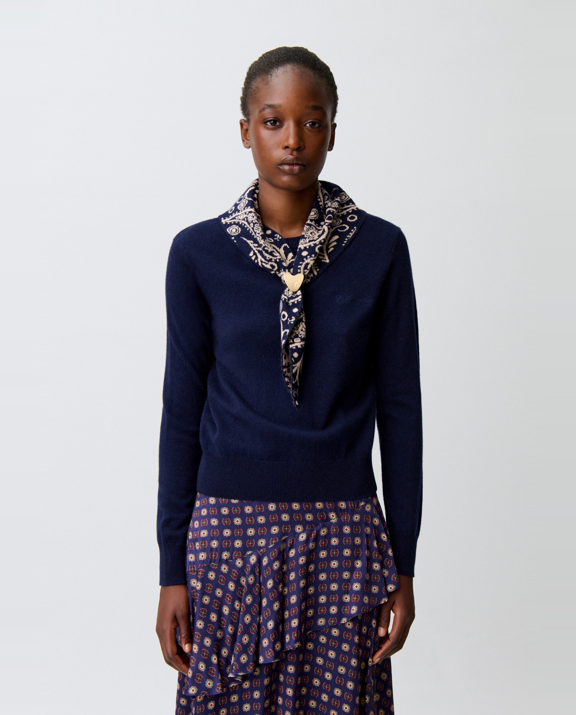 Jersey de punto de mujer con joya corazón dorado y pañuelo estampado desmontables - Claudie Pierlot - Multicolor Multicolor-1