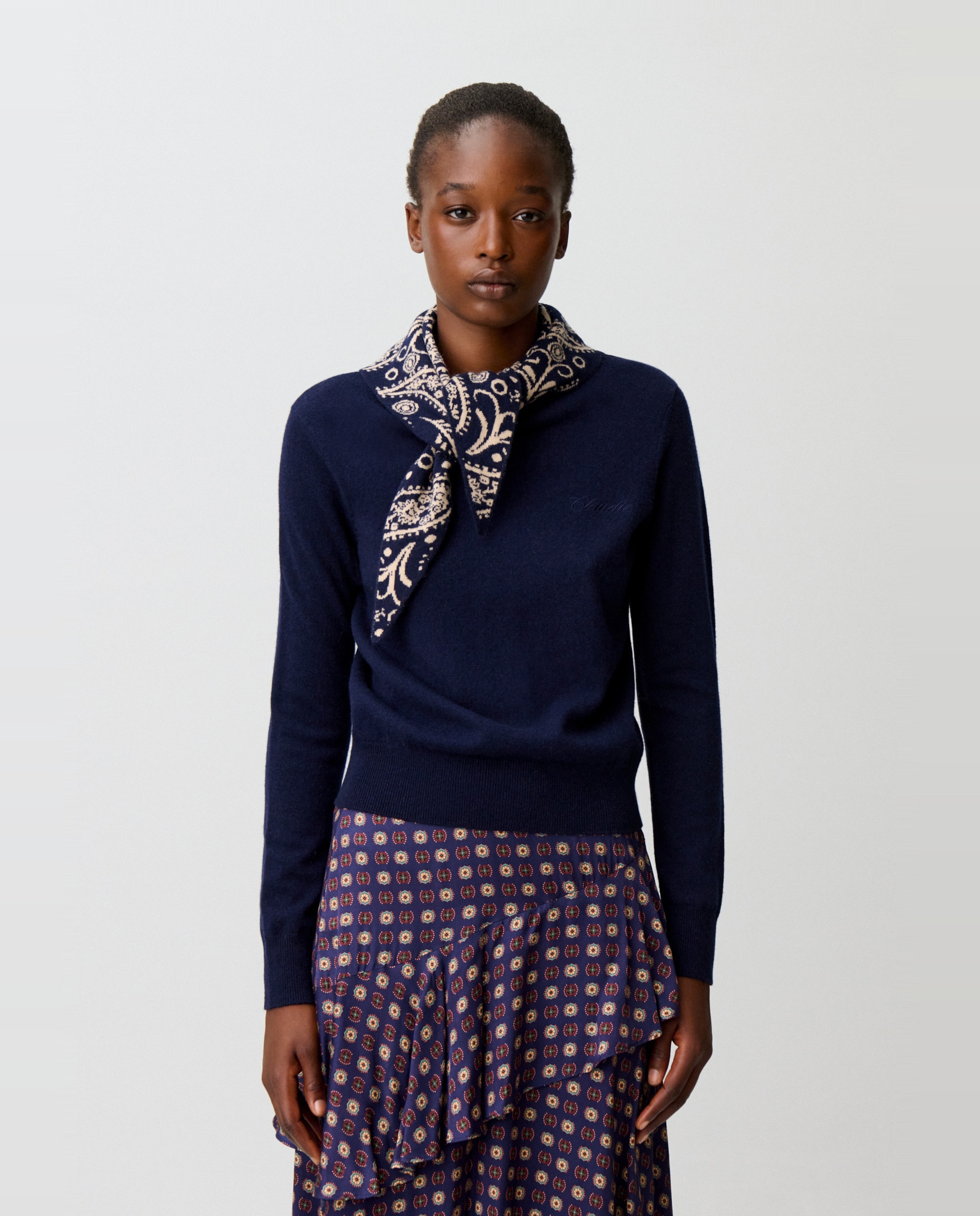 Jersey de punto de mujer con joya corazón dorado y pañuelo estampado desmontables - Claudie Pierlot - Multicolor Multicolor-7