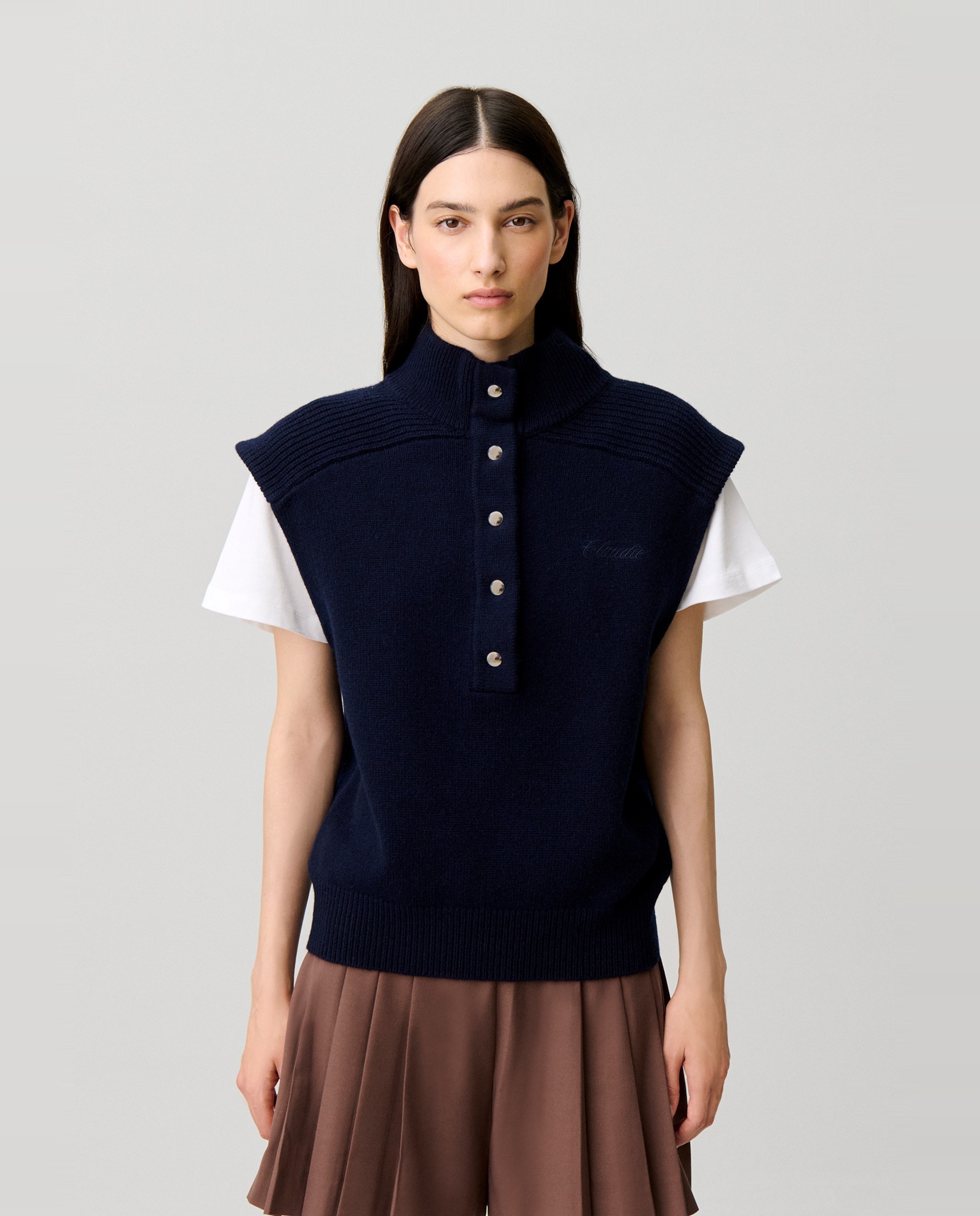Chaleco de mujer 100% lana de corte holgado - Claudie Pierlot - Azul marino Azul marino-1