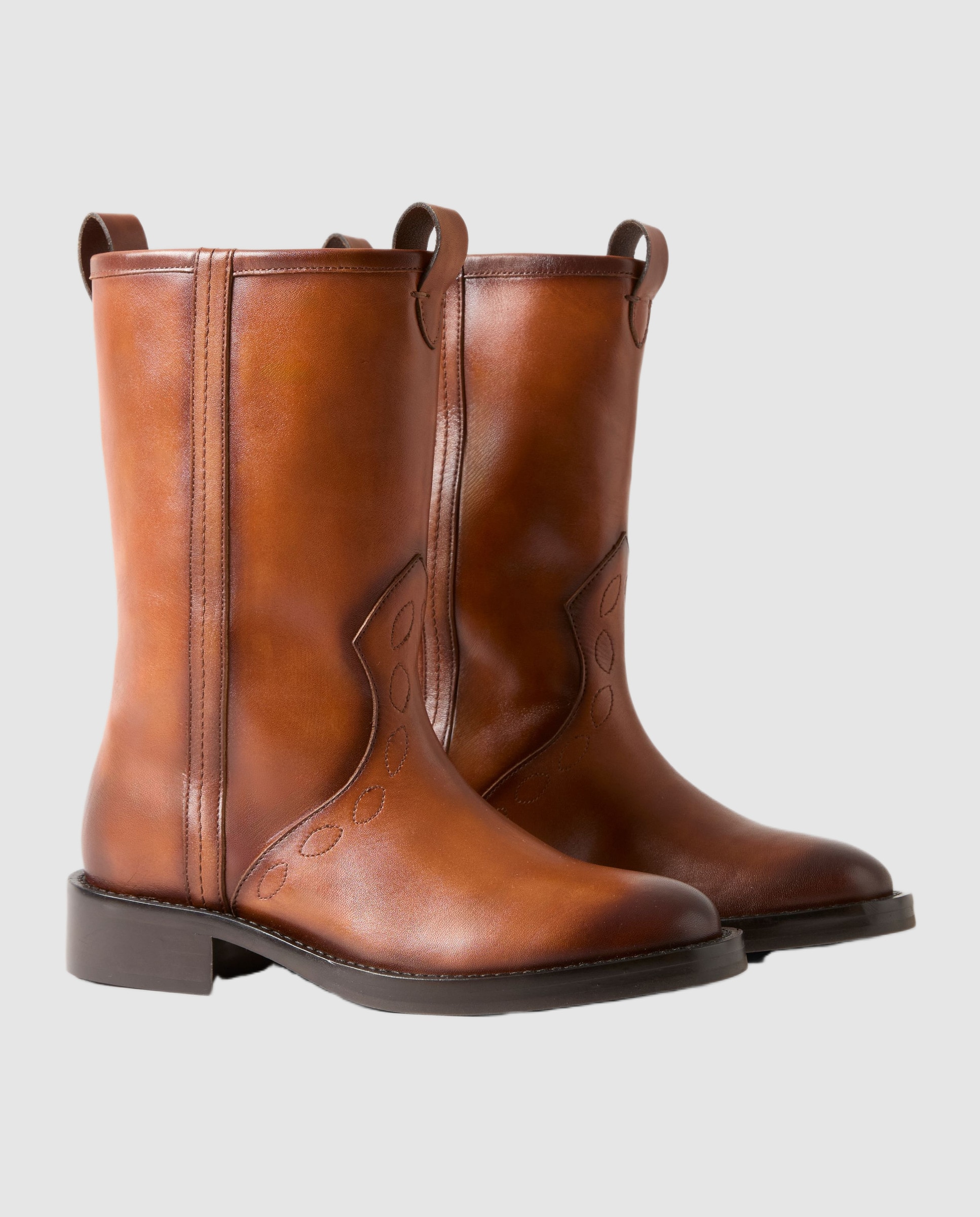 Botines cowboy de mujer de piel lisa patinada y pespuntes - Claudie Pierlot - Camel Camel-4