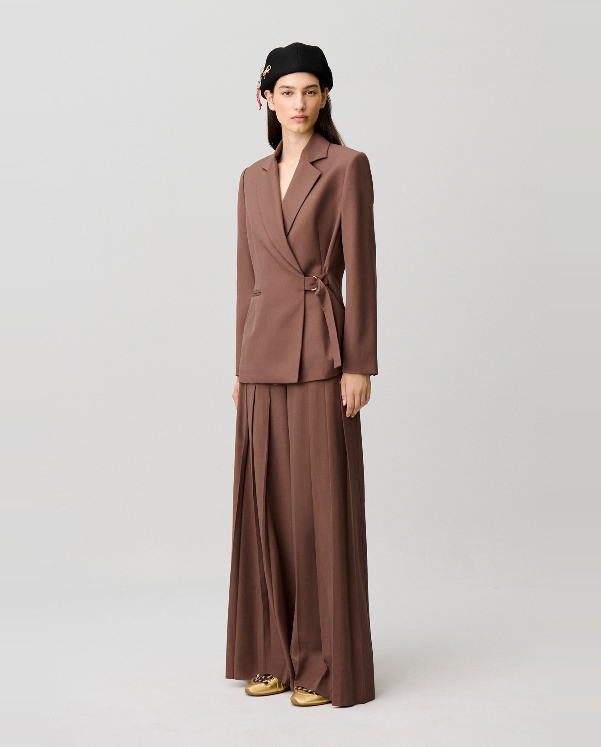 Blazer de mujer recto con cuello sastre y cierre cruzado de doble hebilla plateada - Claudie Pierlot - Marrón Marrón-4