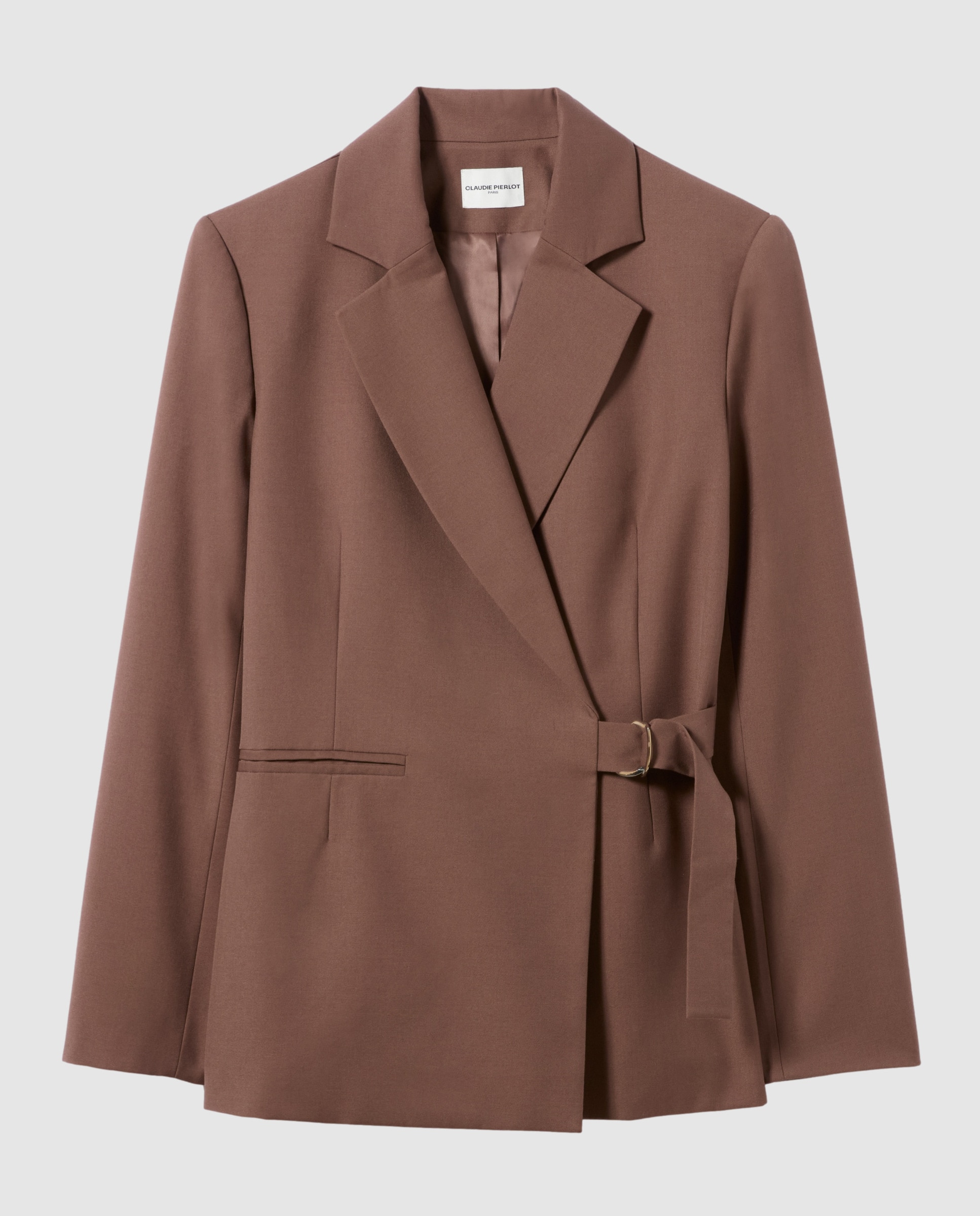 Blazer de mujer recto con cuello sastre y cierre cruzado de doble hebilla plateada - Claudie Pierlot - Marrón Marrón-6