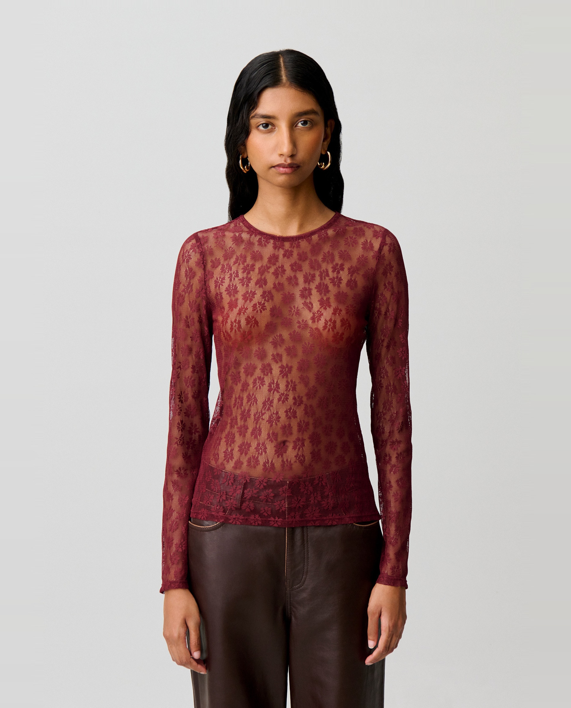 Camiseta de mujer ajustada de encaje manga larga - Claudie Pierlot - Rojo Rojo-1