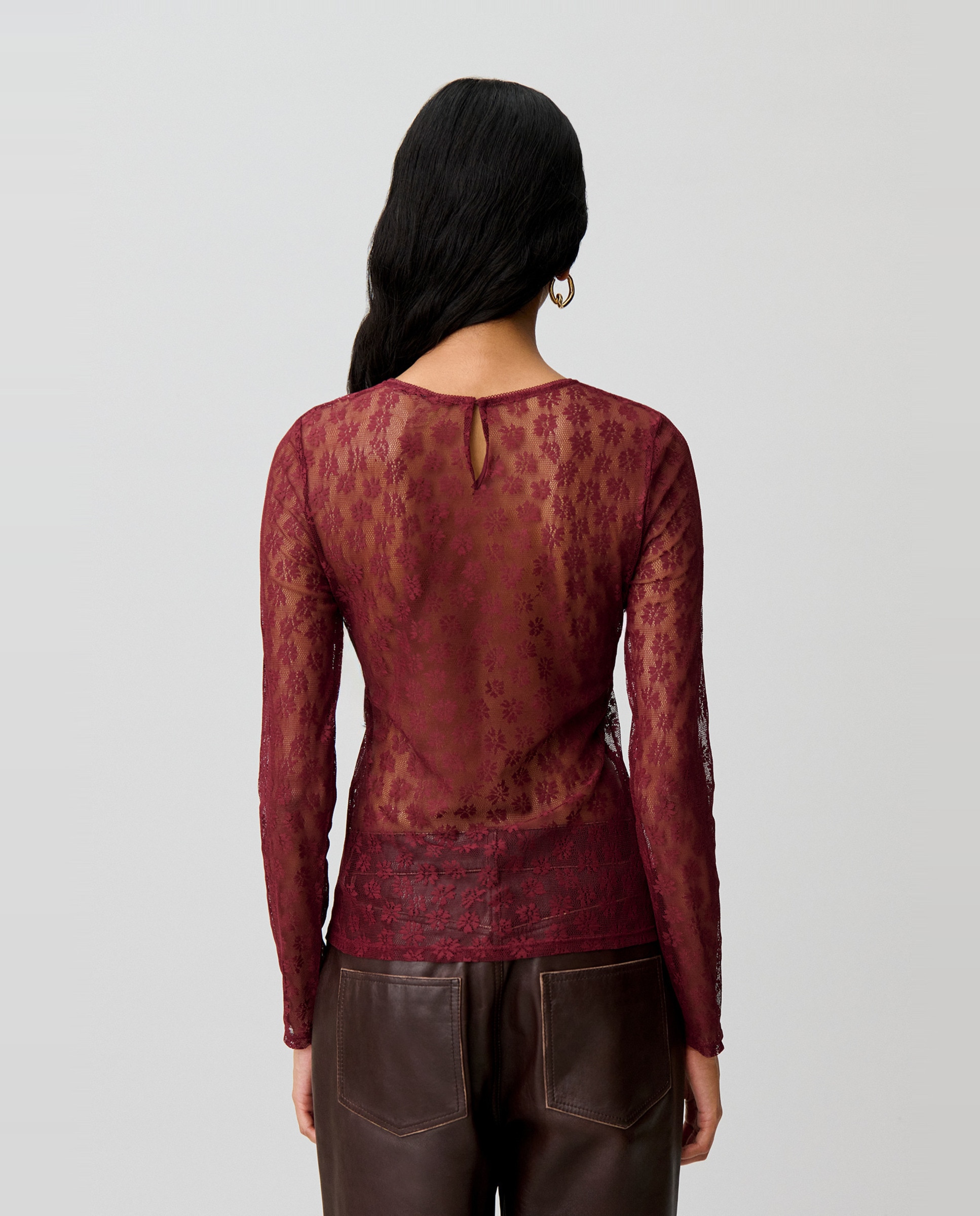 Camiseta de mujer ajustada de encaje manga larga - Claudie Pierlot - Rojo Rojo-2