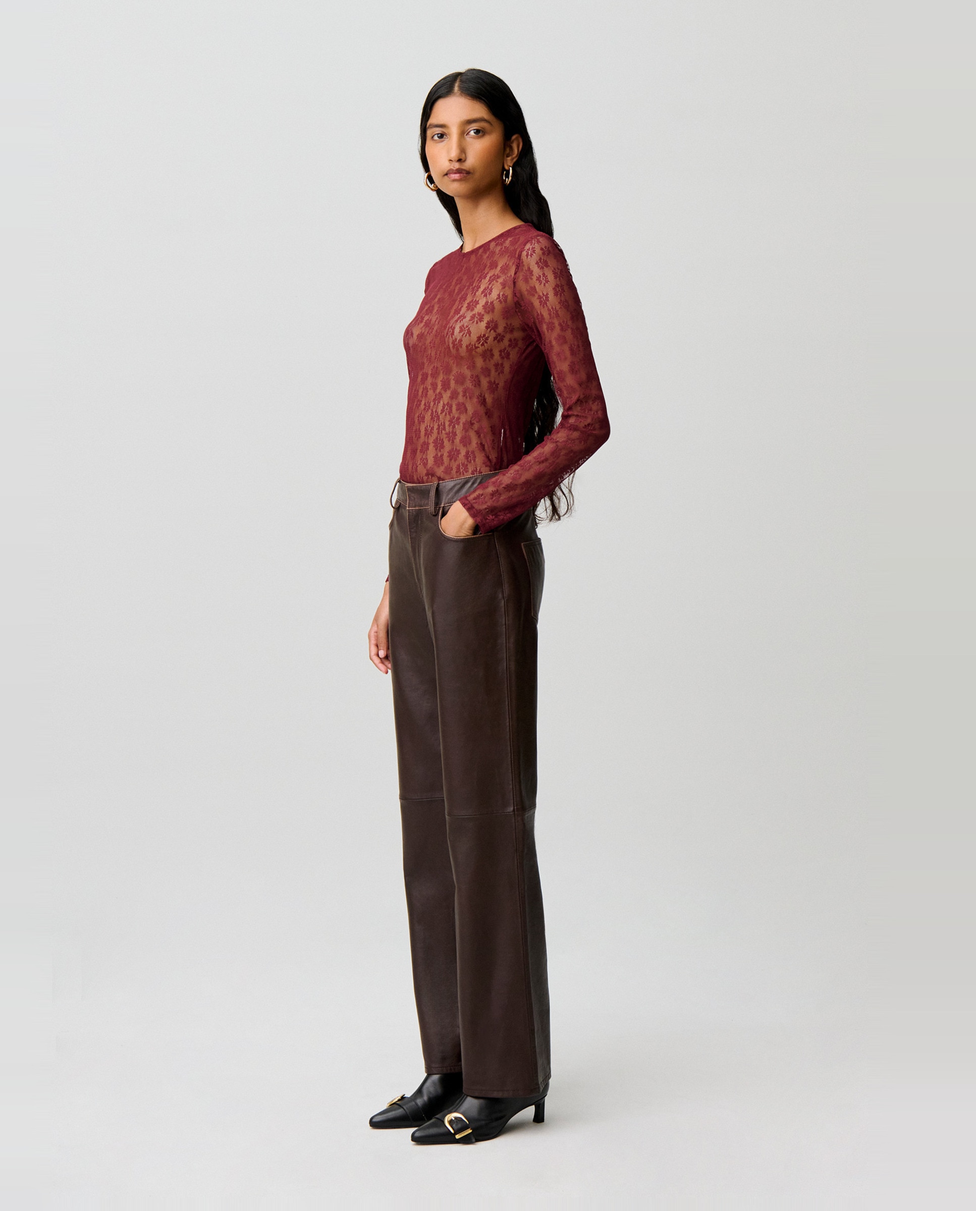 Camiseta de mujer ajustada de encaje manga larga - Claudie Pierlot - Rojo Rojo-3