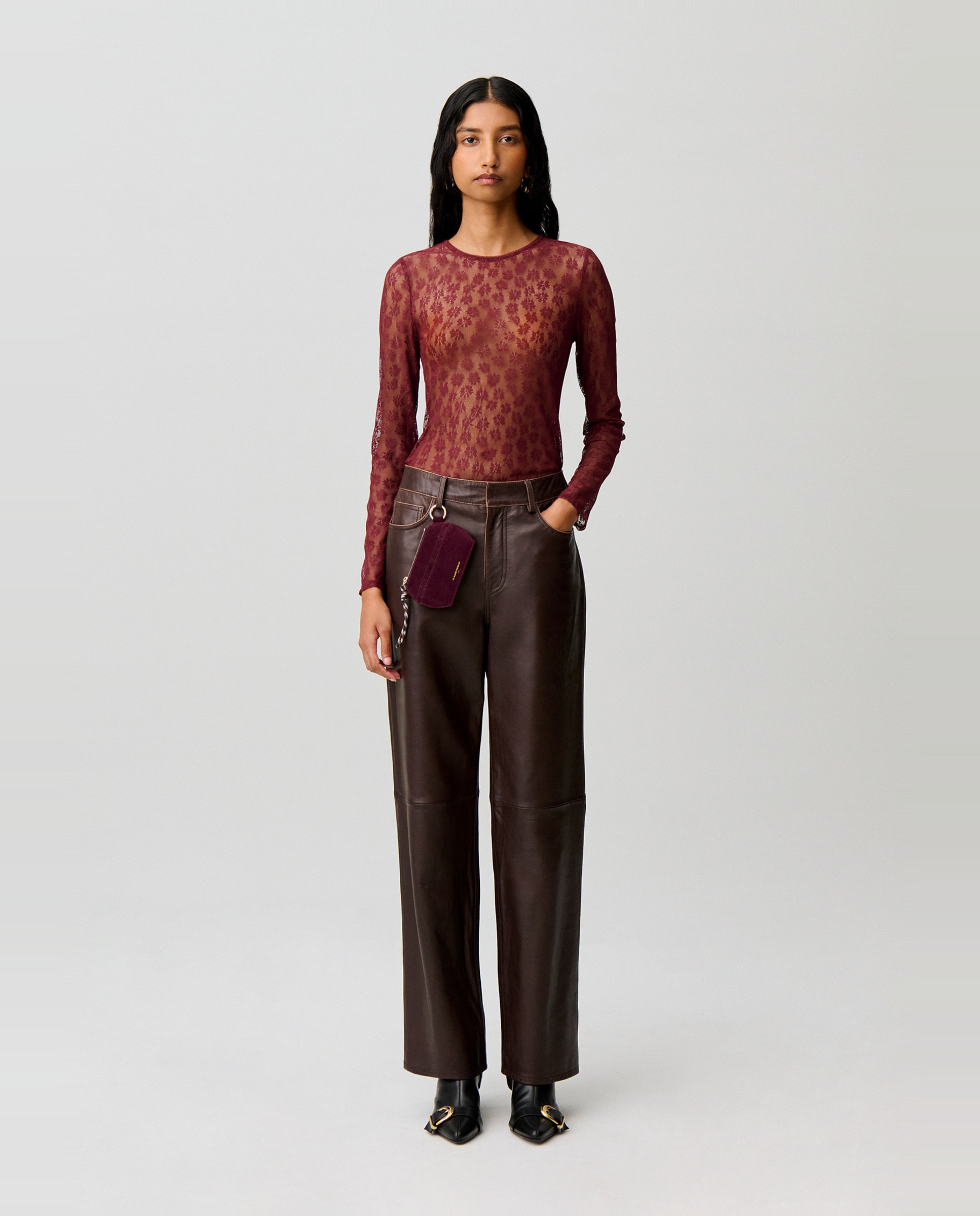 Camiseta de mujer ajustada de encaje manga larga - Claudie Pierlot - Rojo Rojo-4