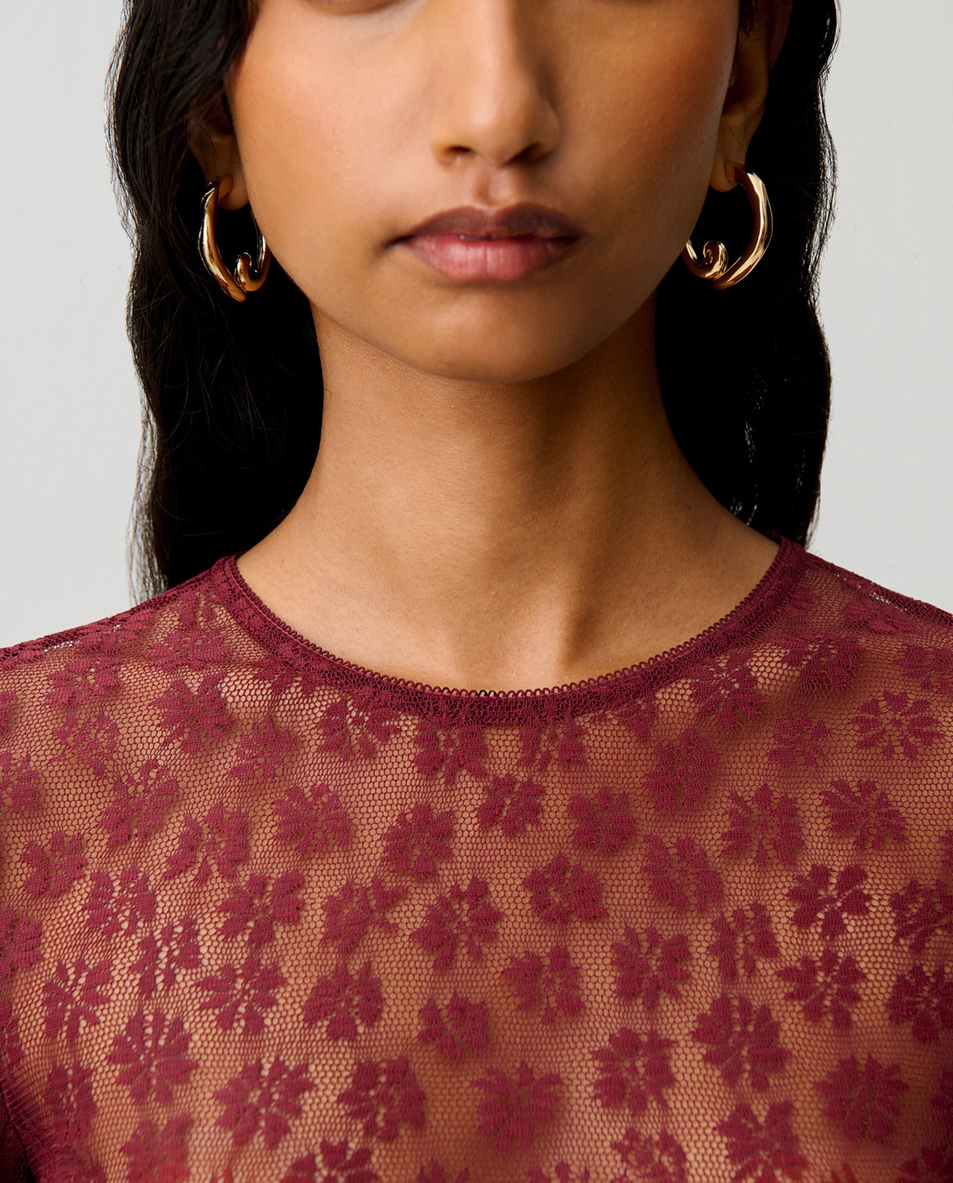 Camiseta de mujer ajustada de encaje manga larga - Claudie Pierlot - Rojo Rojo-5