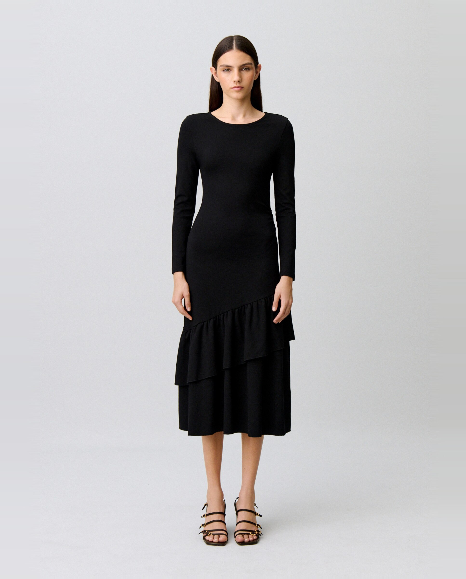 Vestido midi de manga larga, cuello redondo y volantes asimétricos - Claudie Pierlot - Negro Negro-1