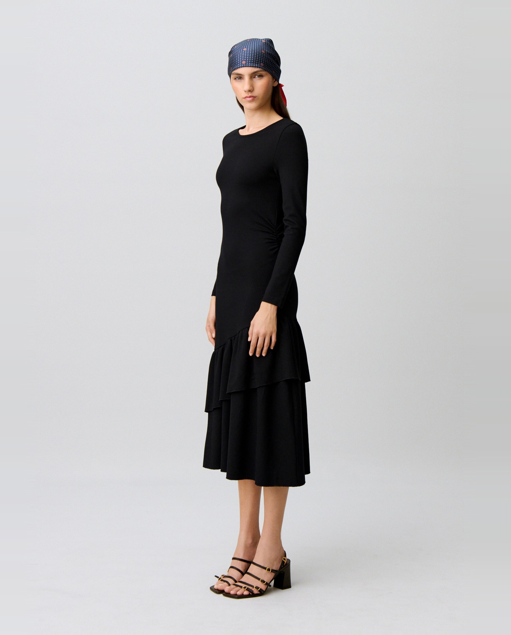Vestido midi de manga larga, cuello redondo y volantes asimétricos - Claudie Pierlot - Negro Negro-2