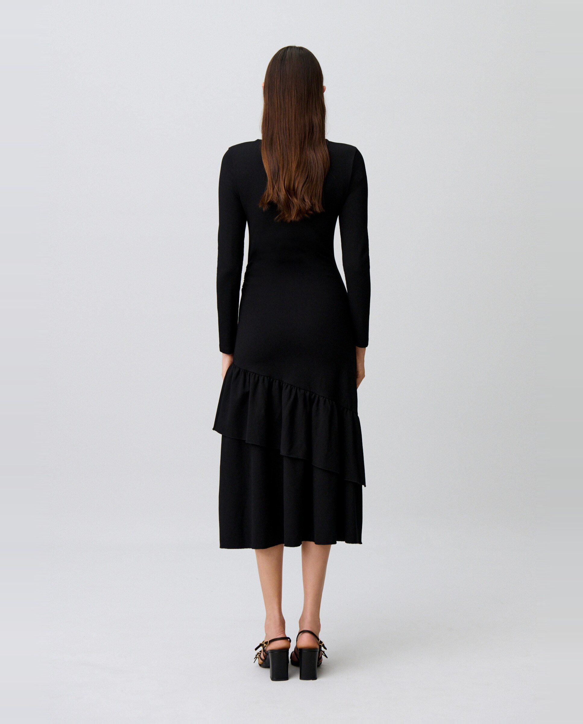 Vestido midi de manga larga, cuello redondo y volantes asimétricos - Claudie Pierlot - Negro Negro-3