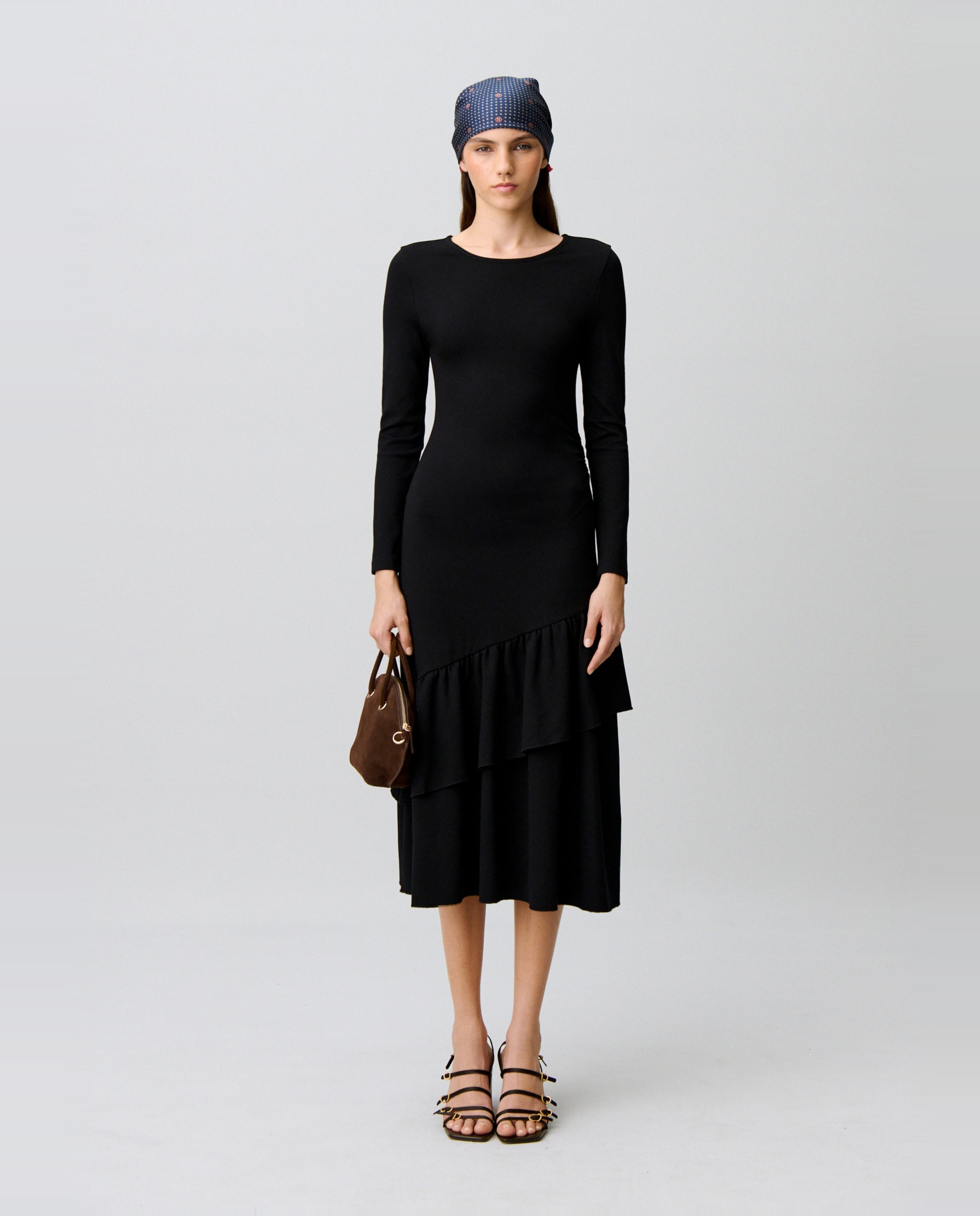 Vestido midi de manga larga, cuello redondo y volantes asimétricos - Claudie Pierlot - Negro Negro-5