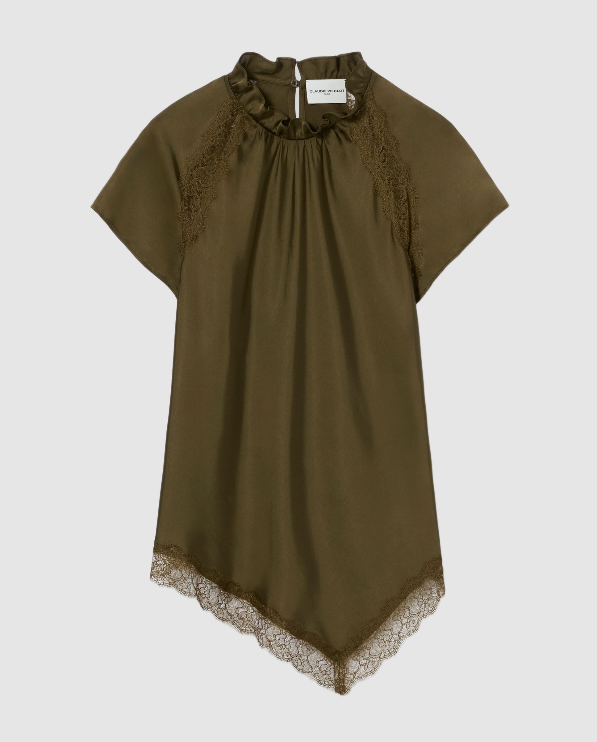 Top de mujer satinado con encaje y cuello victoriano - Claudie Pierlot - Camel Camel-6