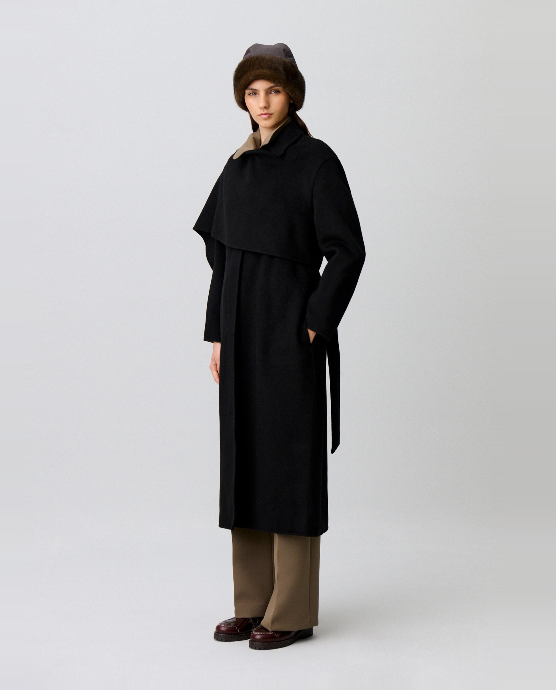 Abrigo de paño de mujer largo drapeado con cuello camisero - Claudie Pierlot - Negro Negro-3