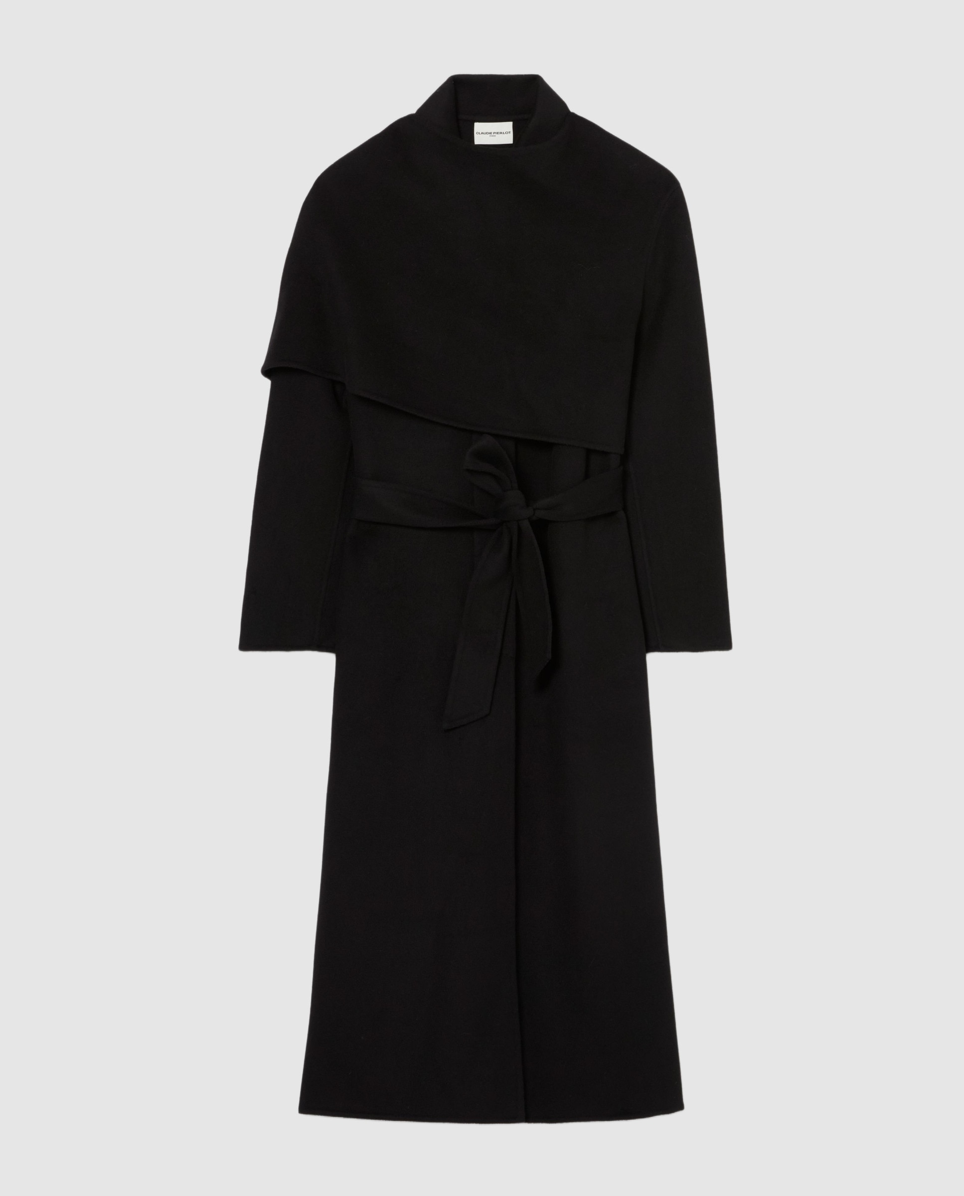 Abrigo de paño de mujer largo drapeado con cuello camisero - Claudie Pierlot - Negro Negro-6