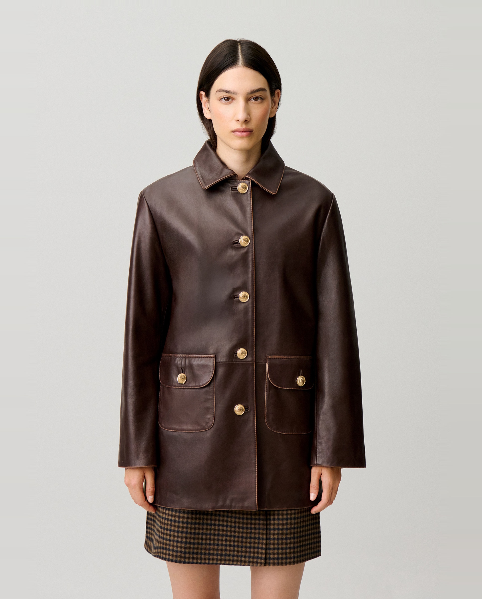 Chaqueta de mujer piel recta ancha midi envejecida - Claudie Pierlot - Marrón Marrón-1