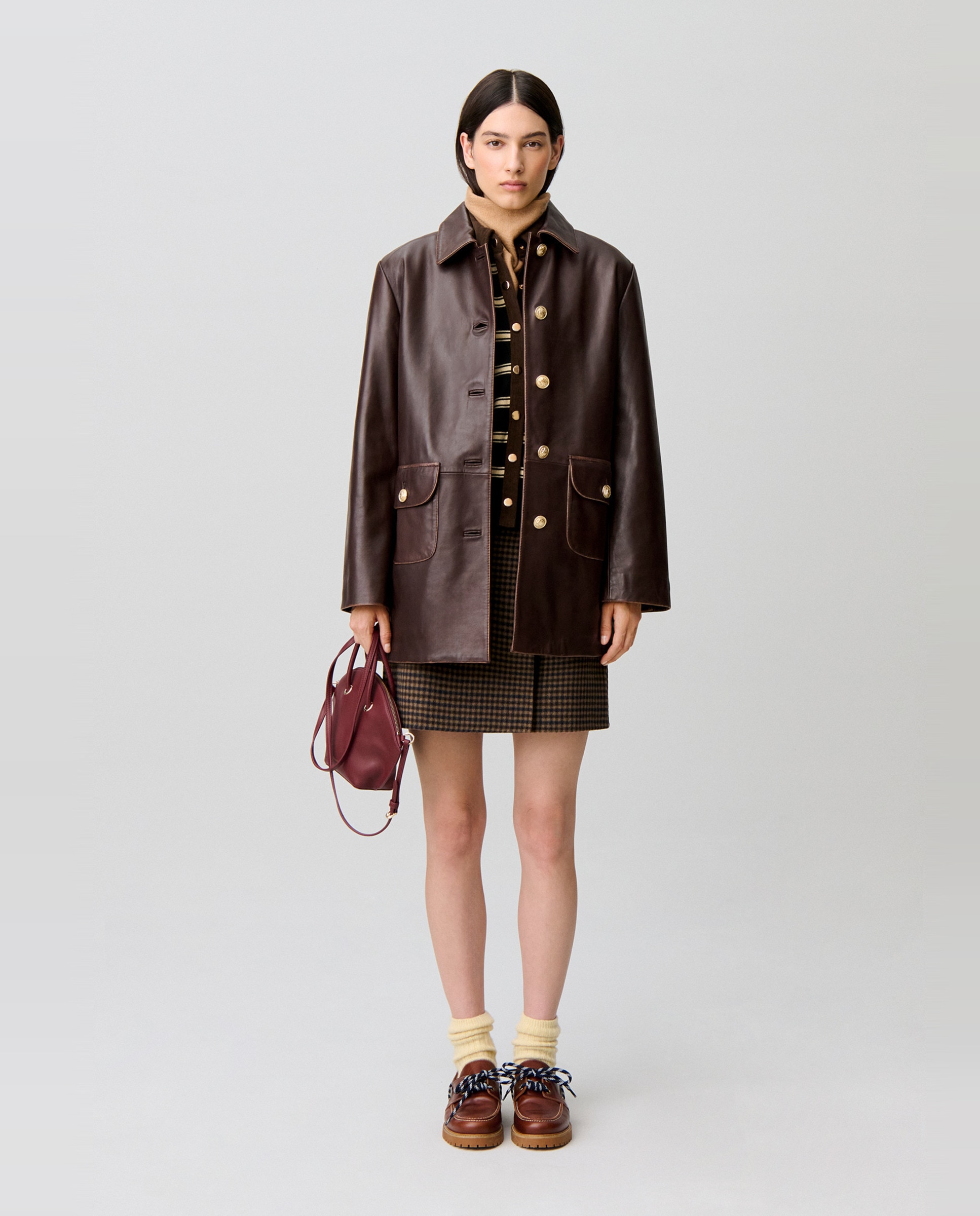 Chaqueta de mujer piel recta ancha midi envejecida - Claudie Pierlot - Marrón Marrón-2
