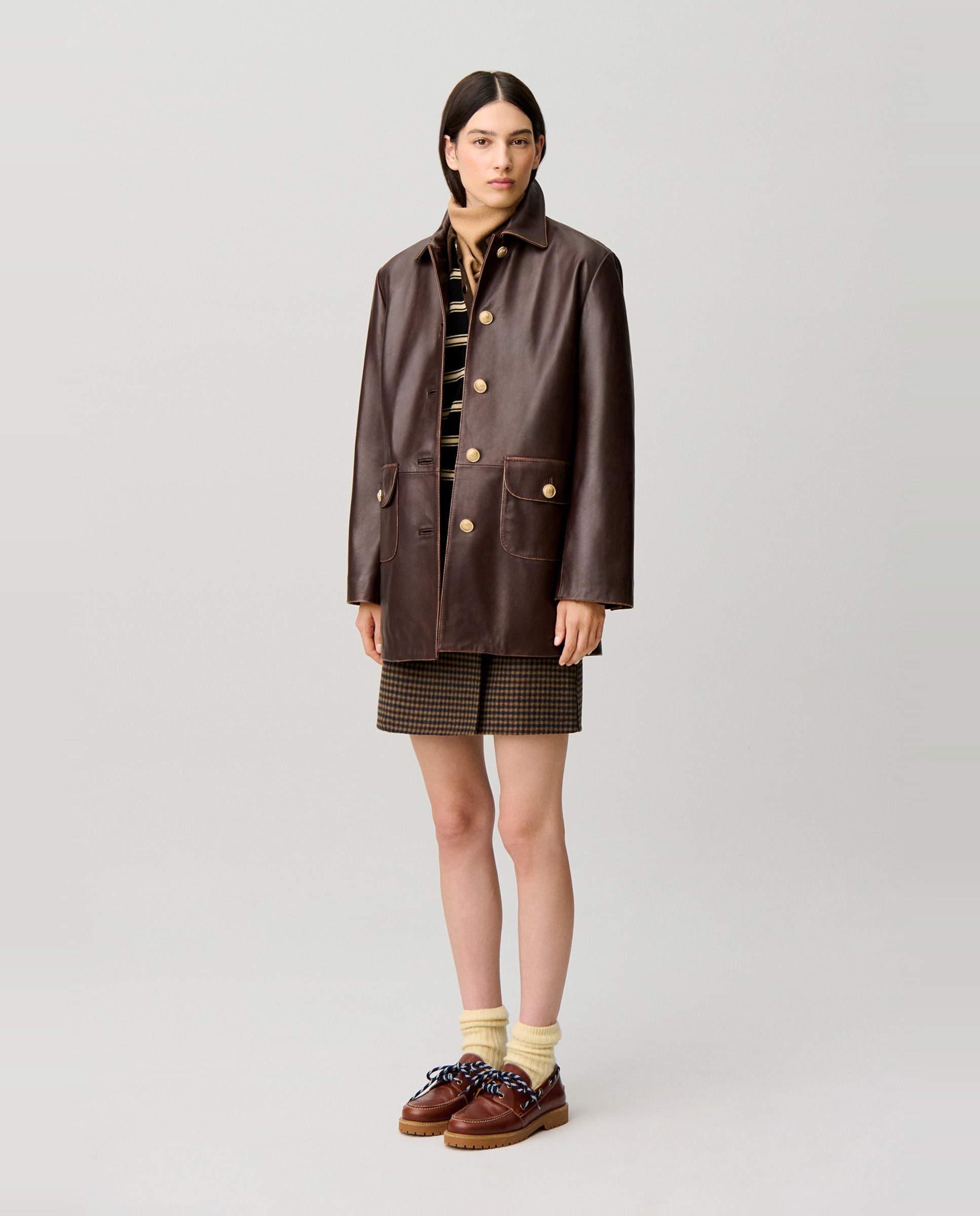 Chaqueta de mujer piel recta ancha midi envejecida - Claudie Pierlot - Marrón Marrón-3