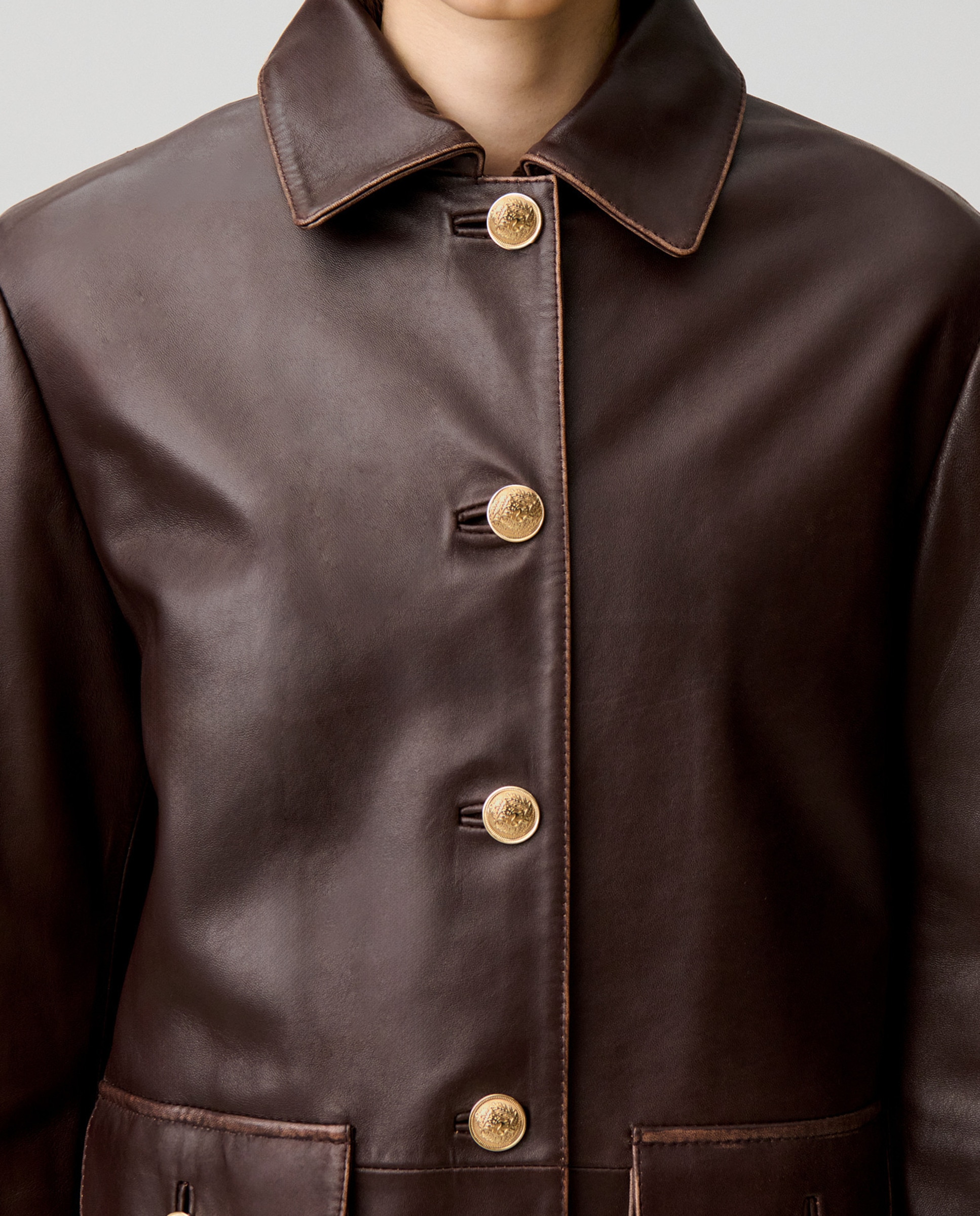 Chaqueta de mujer piel recta ancha midi envejecida - Claudie Pierlot - Marrón Marrón-5
