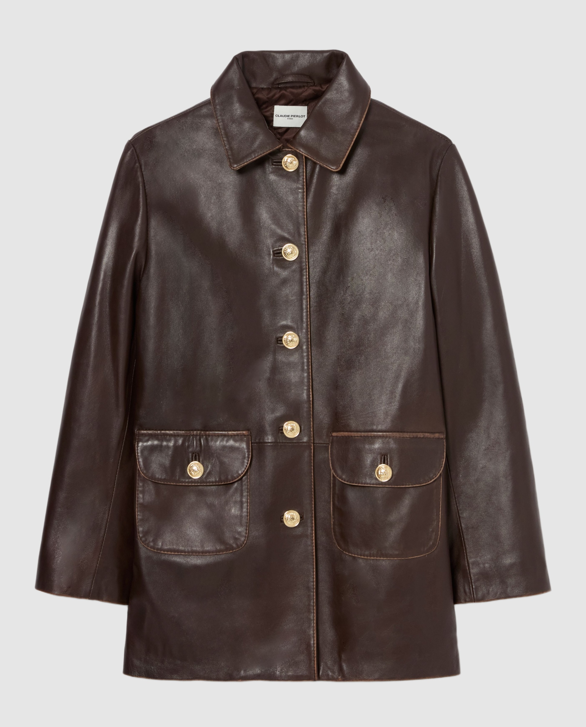 Chaqueta de mujer piel recta ancha midi envejecida - Claudie Pierlot - Marrón Marrón-6