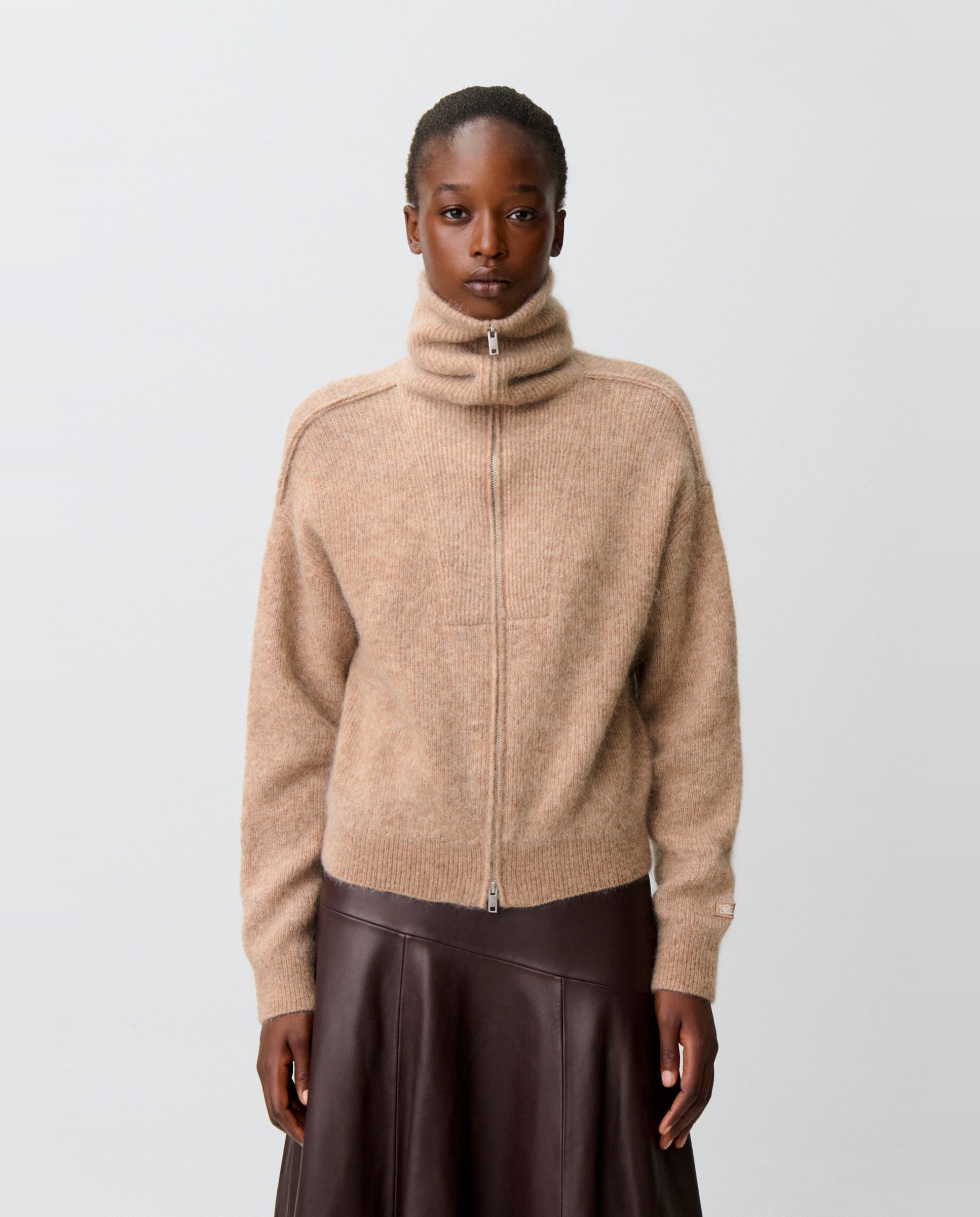 Cárdigan de punto con cremallera de mujer cuello camionero efecto cepillado - Claudie Pierlot - Camel Camel-1