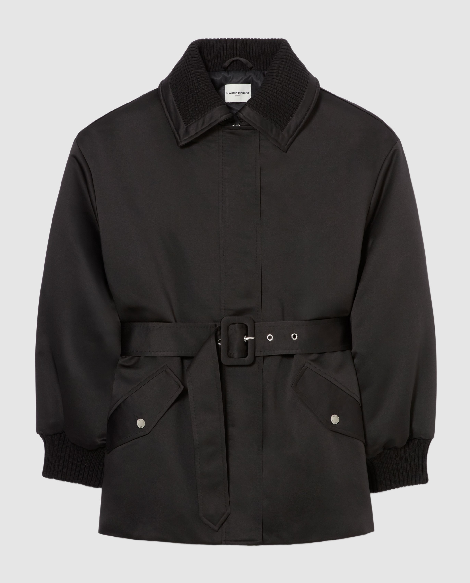 Plumífero de mujer satinado con cuello camisero y cinturón - Claudie Pierlot - Negro Negro-6