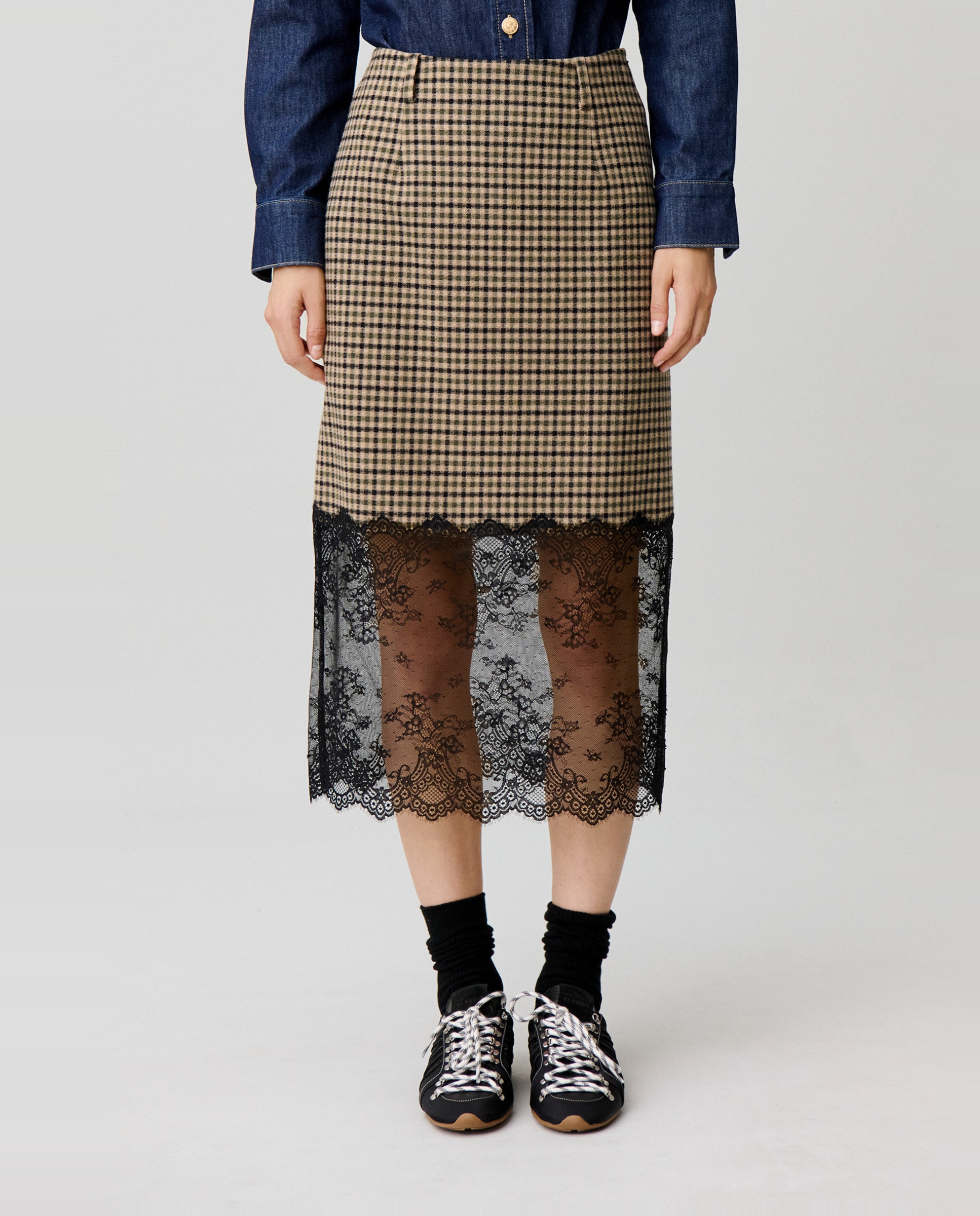 Falda midi bimaterial a cuadros con encaje - Claudie Pierlot - Multicolor Multicolor-2