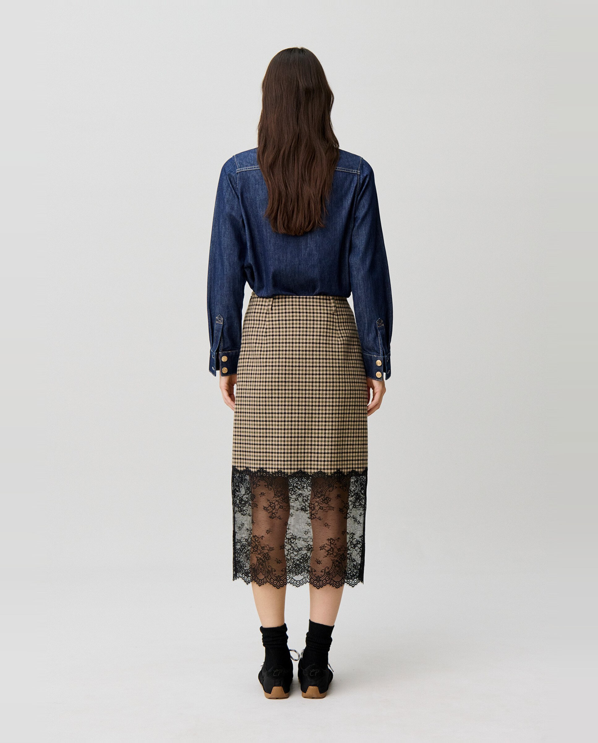 Falda midi bimaterial a cuadros con encaje - Claudie Pierlot - Multicolor Multicolor-3
