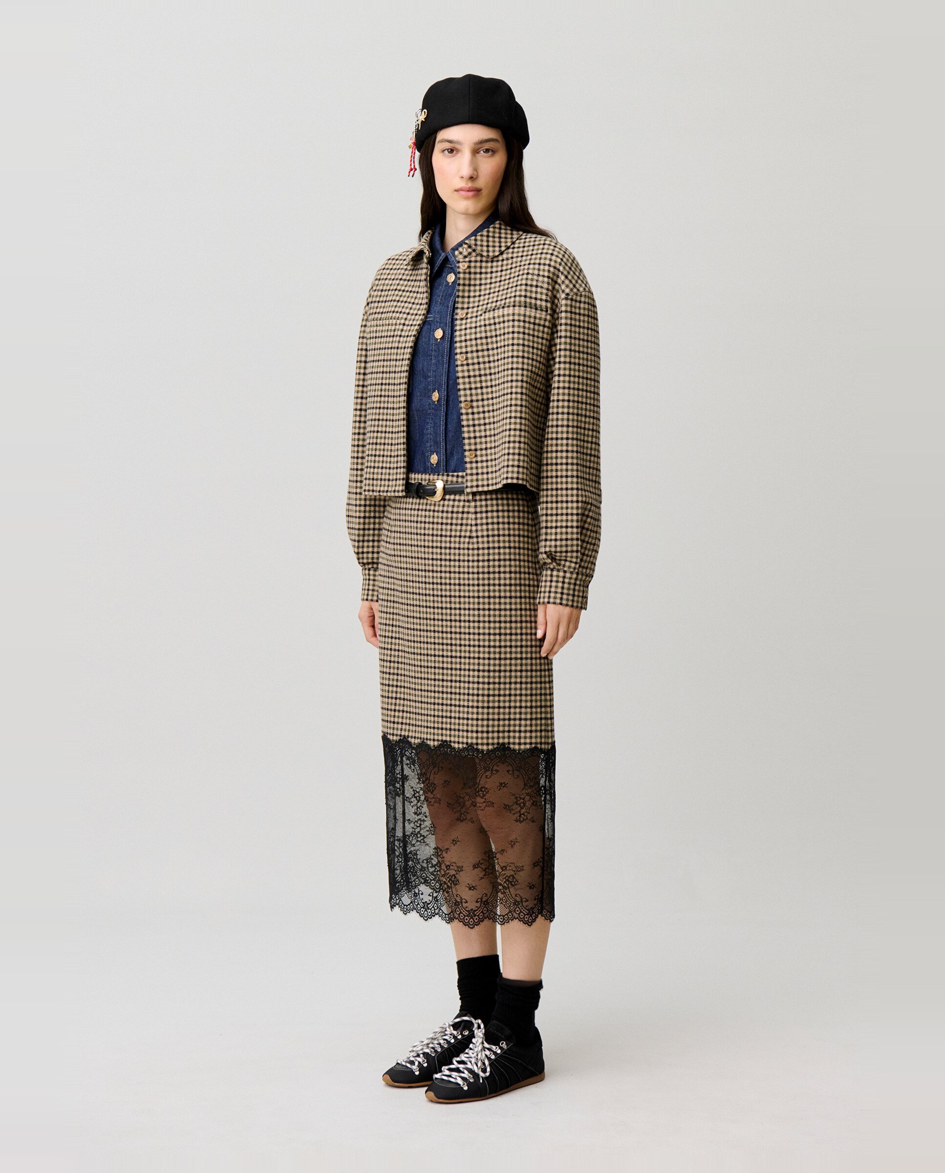 Falda midi bimaterial a cuadros con encaje - Claudie Pierlot - Multicolor Multicolor-4