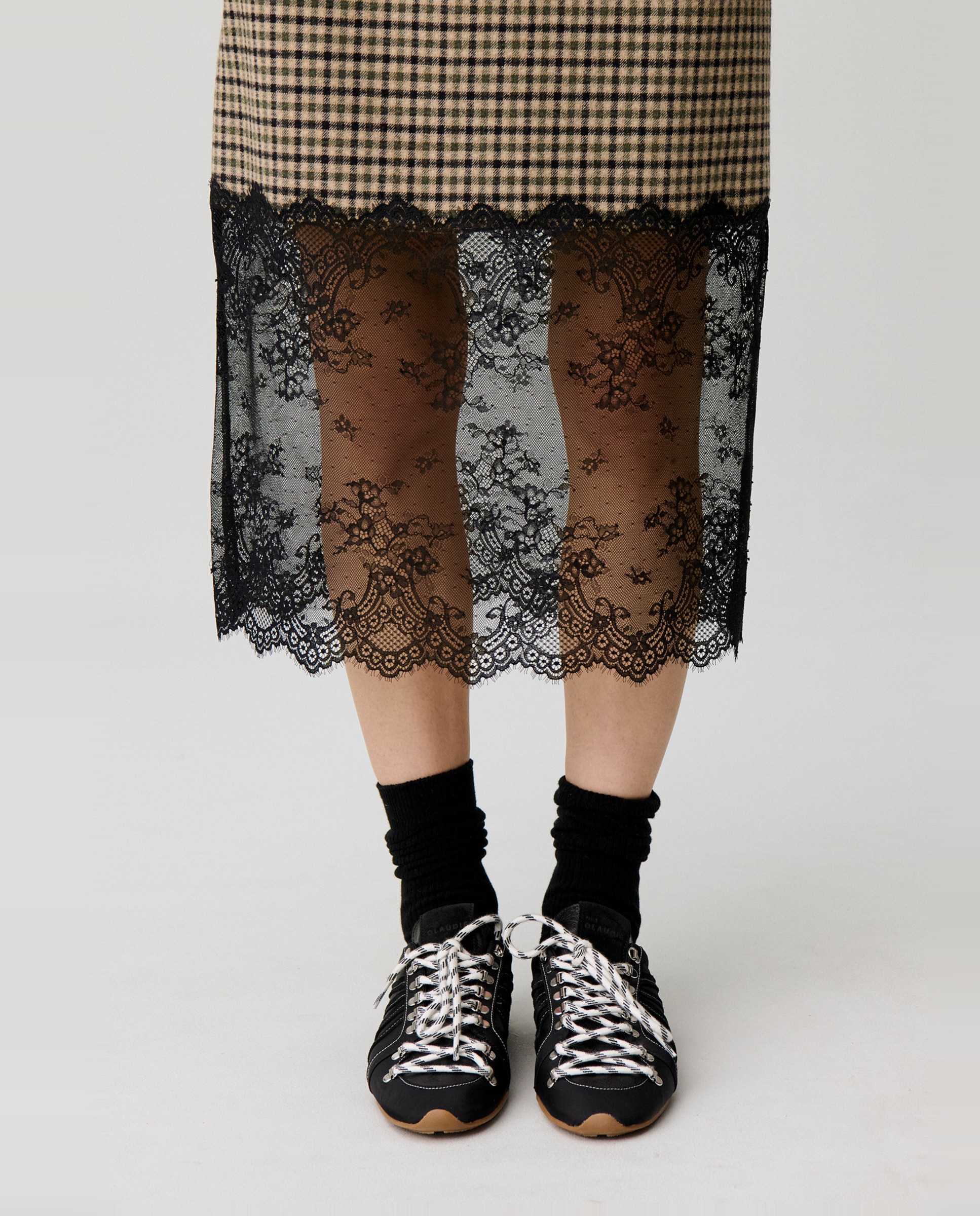 Falda midi bimaterial a cuadros con encaje - Claudie Pierlot - Multicolor Multicolor-5