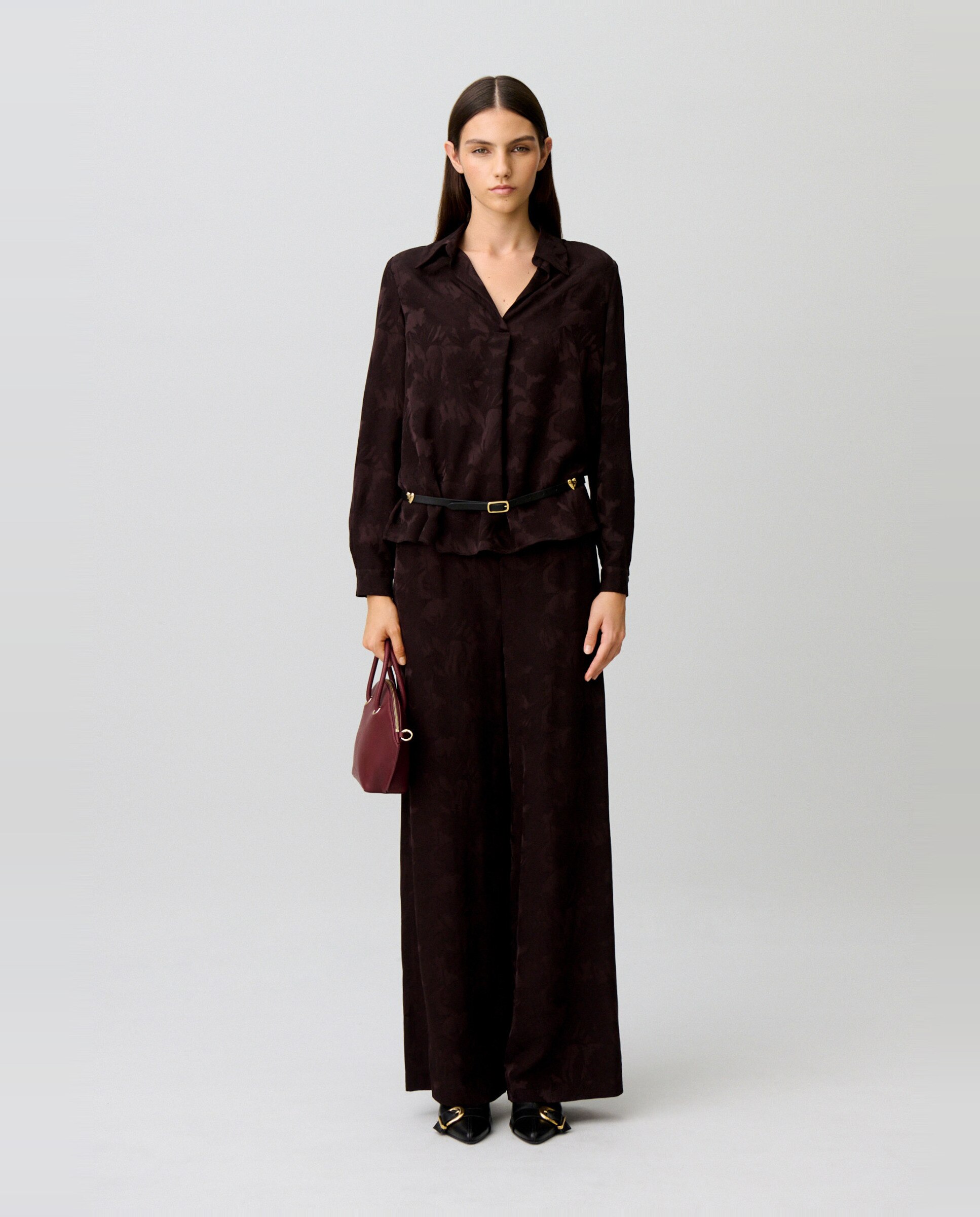 Blusa de mujer fluida jacquard floral cuello abierto - Claudie Pierlot - Marrón oscuro Marrón oscuro-4
