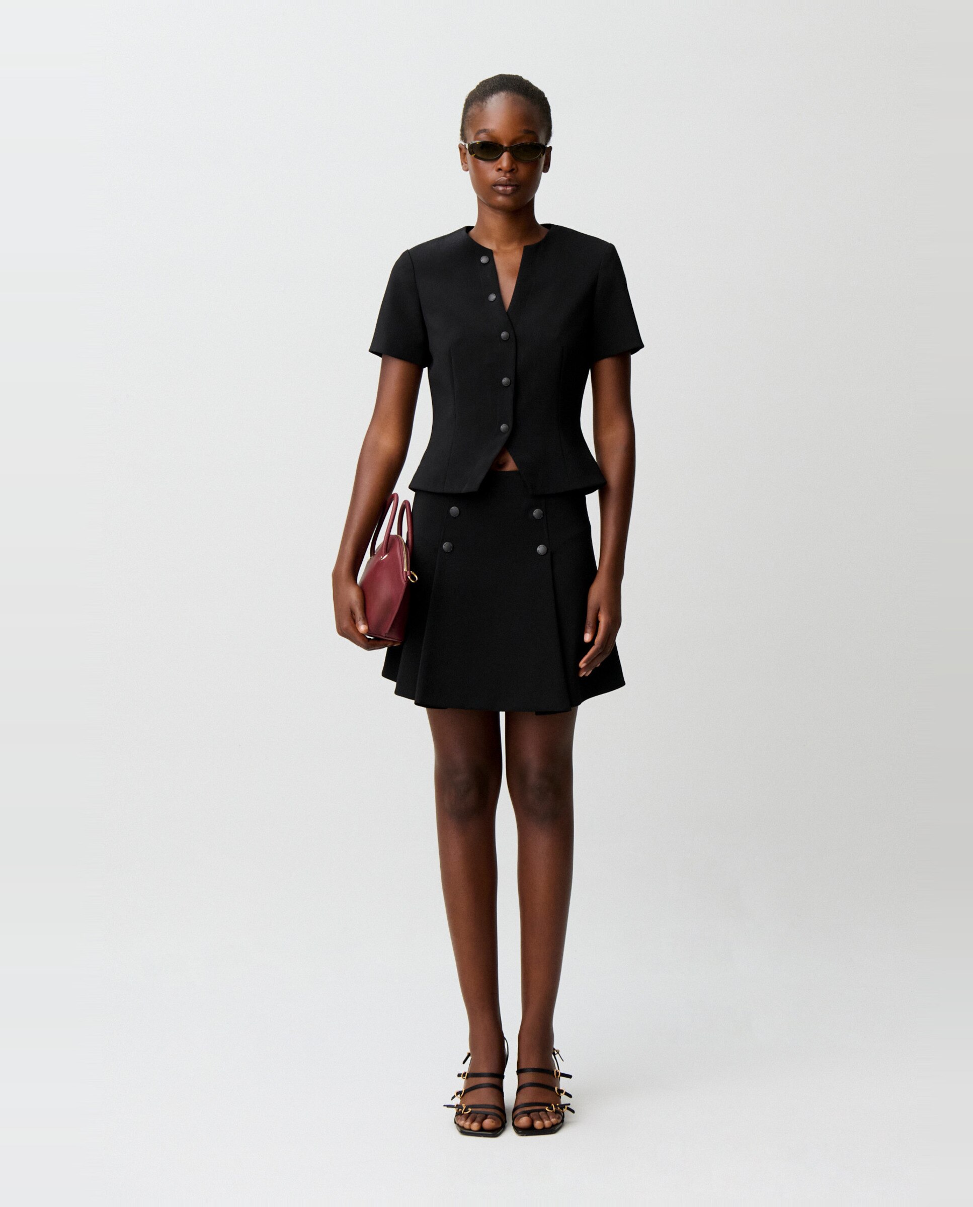 Top de mujer entallado de manga corta cuello v abotonado - Claudie Pierlot - Negro Negro-4