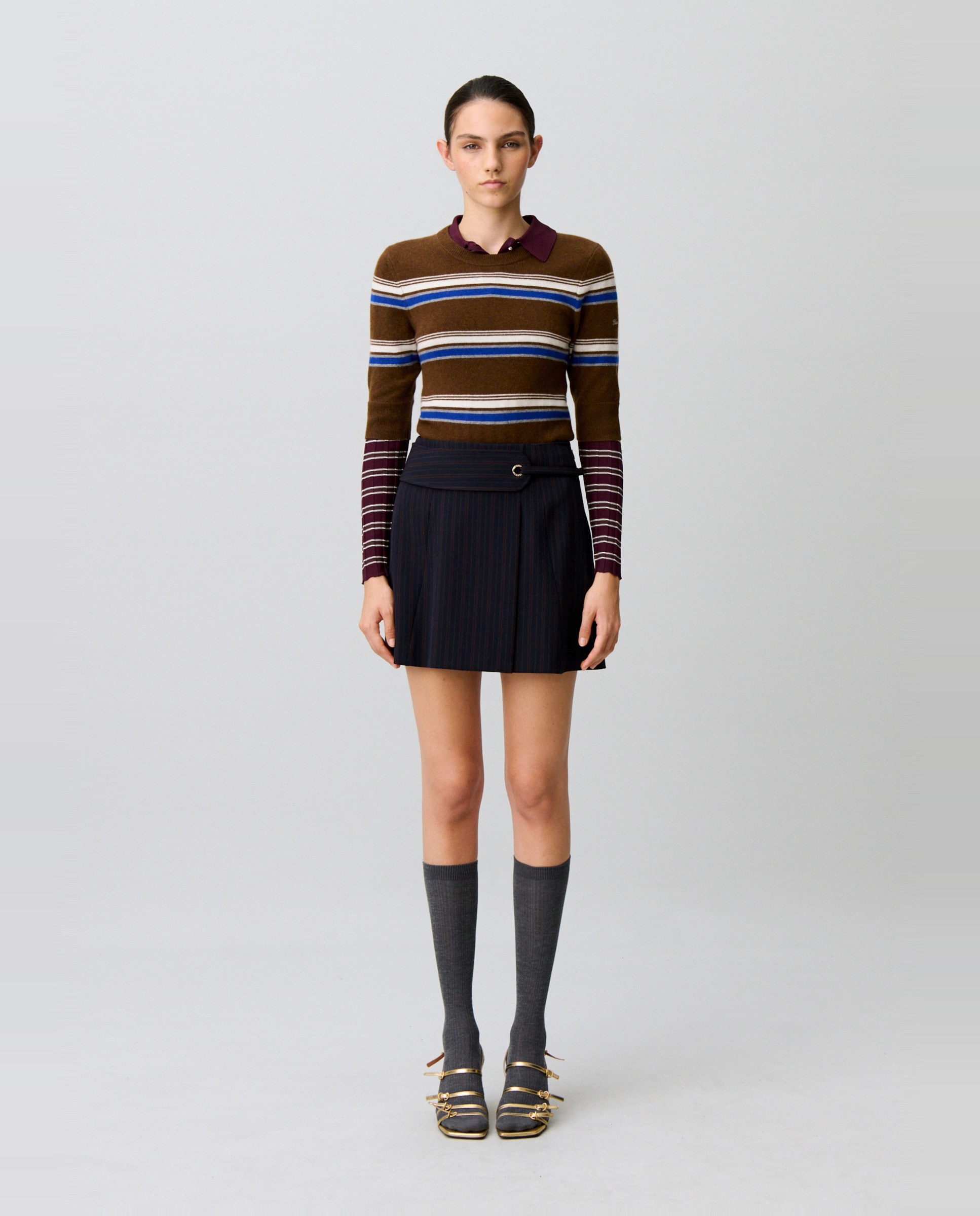Falda corta de rayas cruzada con cinturón - Claudie Pierlot - Multicolor Multicolor-1