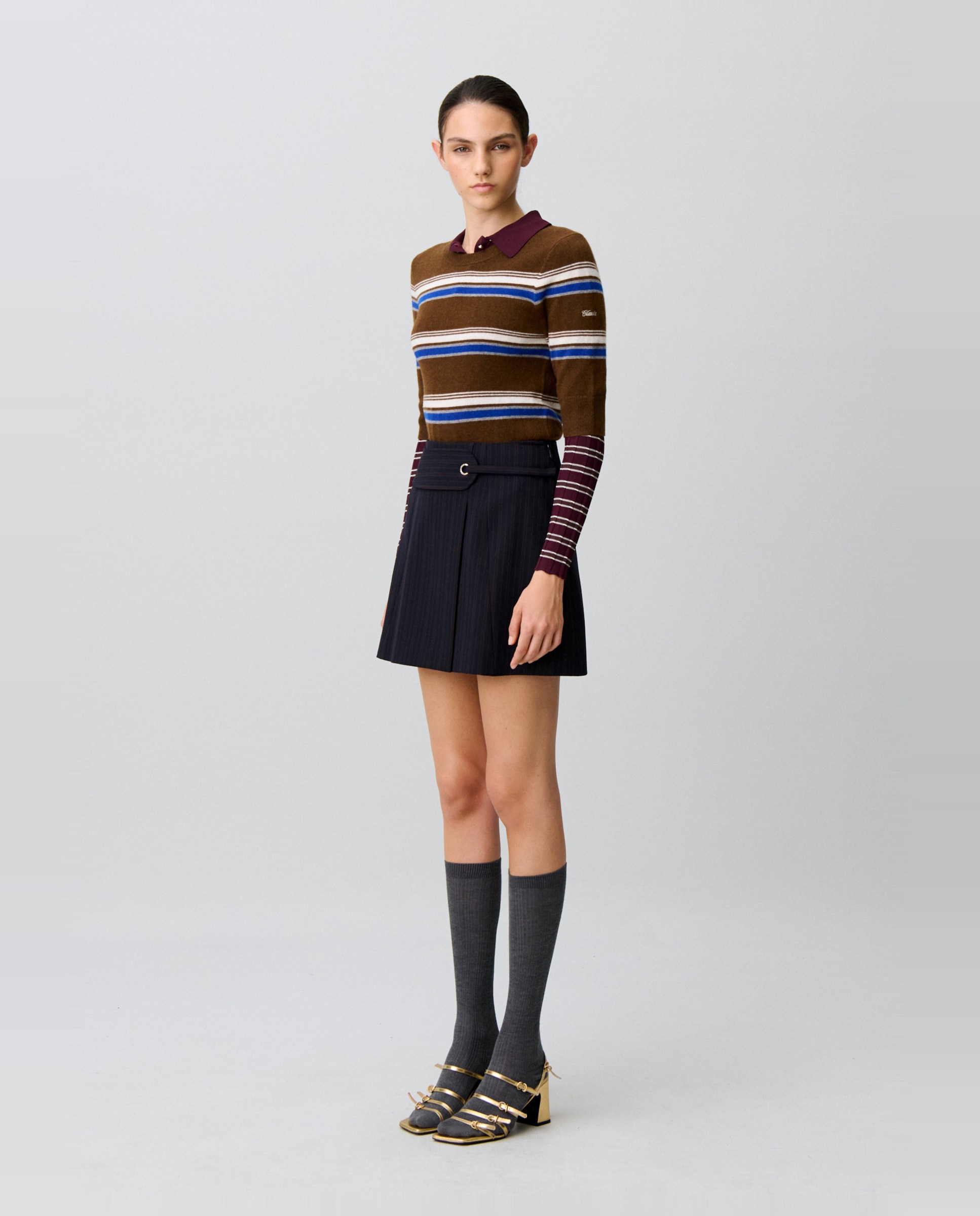 Falda corta de rayas cruzada con cinturón - Claudie Pierlot - Multicolor Multicolor-4