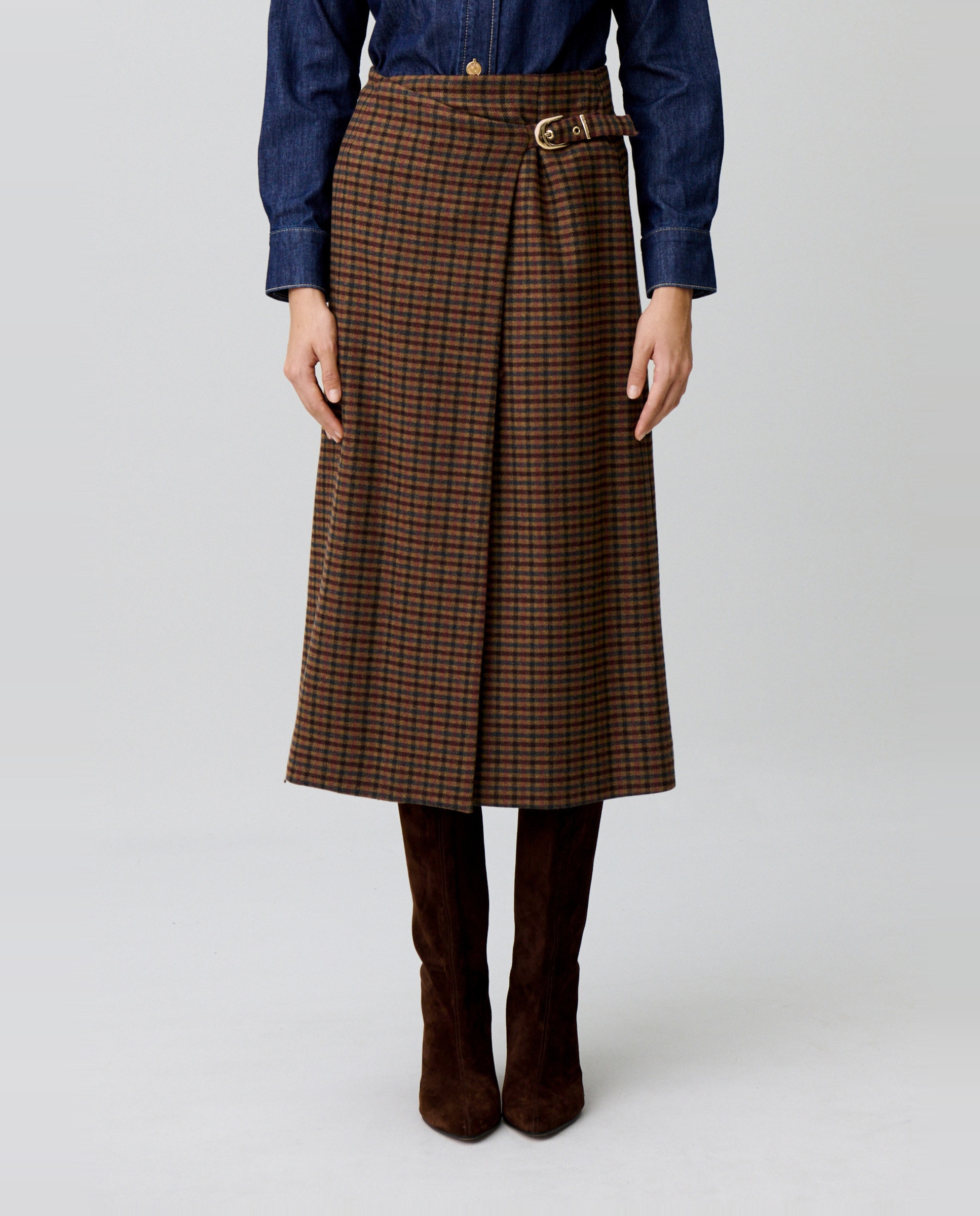 Falda midi de punto cruzada de corte recto con cuadros pequeños - Claudie Pierlot - Multicolor Multicolor-2