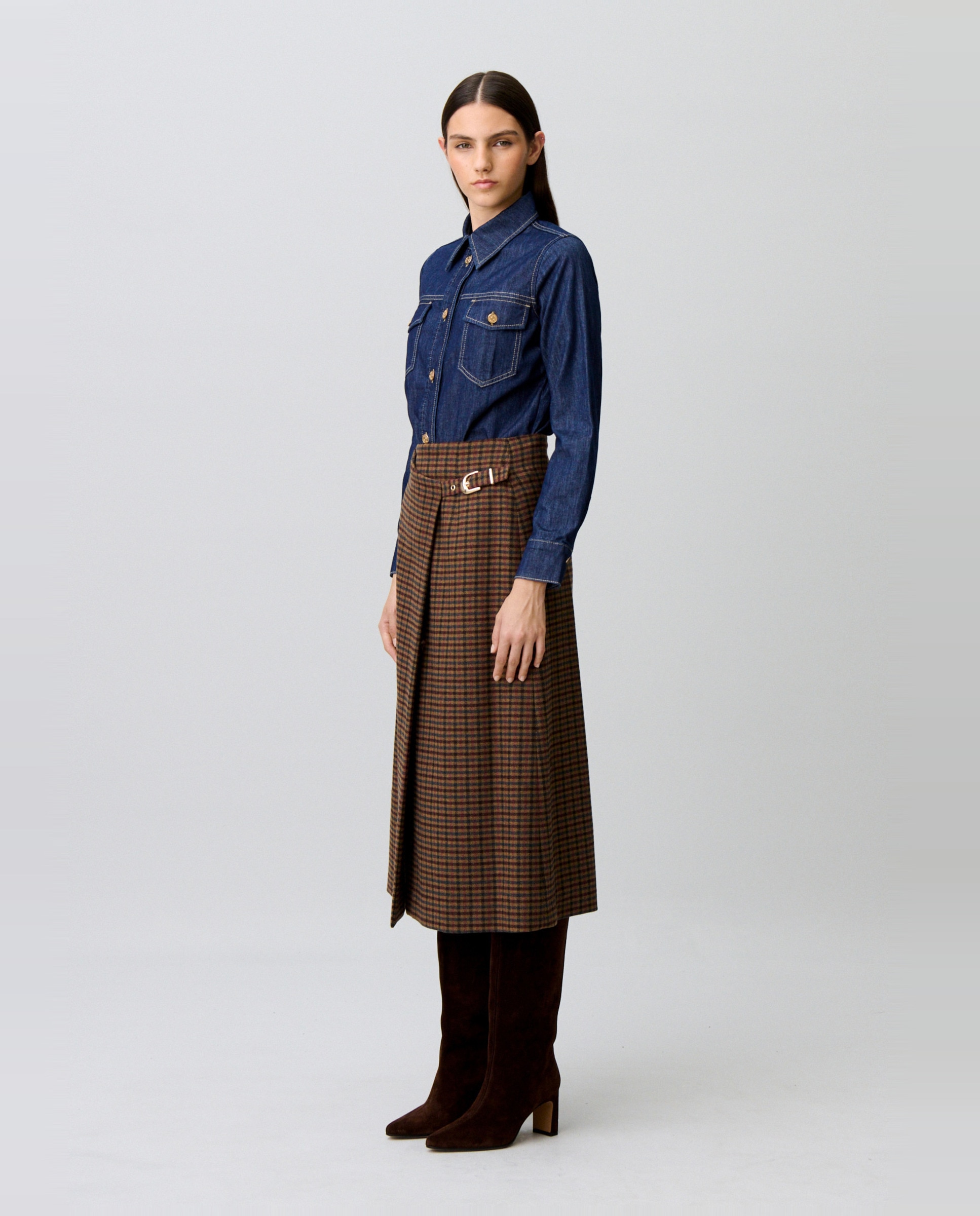Falda midi de punto cruzada de corte recto con cuadros pequeños - Claudie Pierlot - Multicolor Multicolor-4