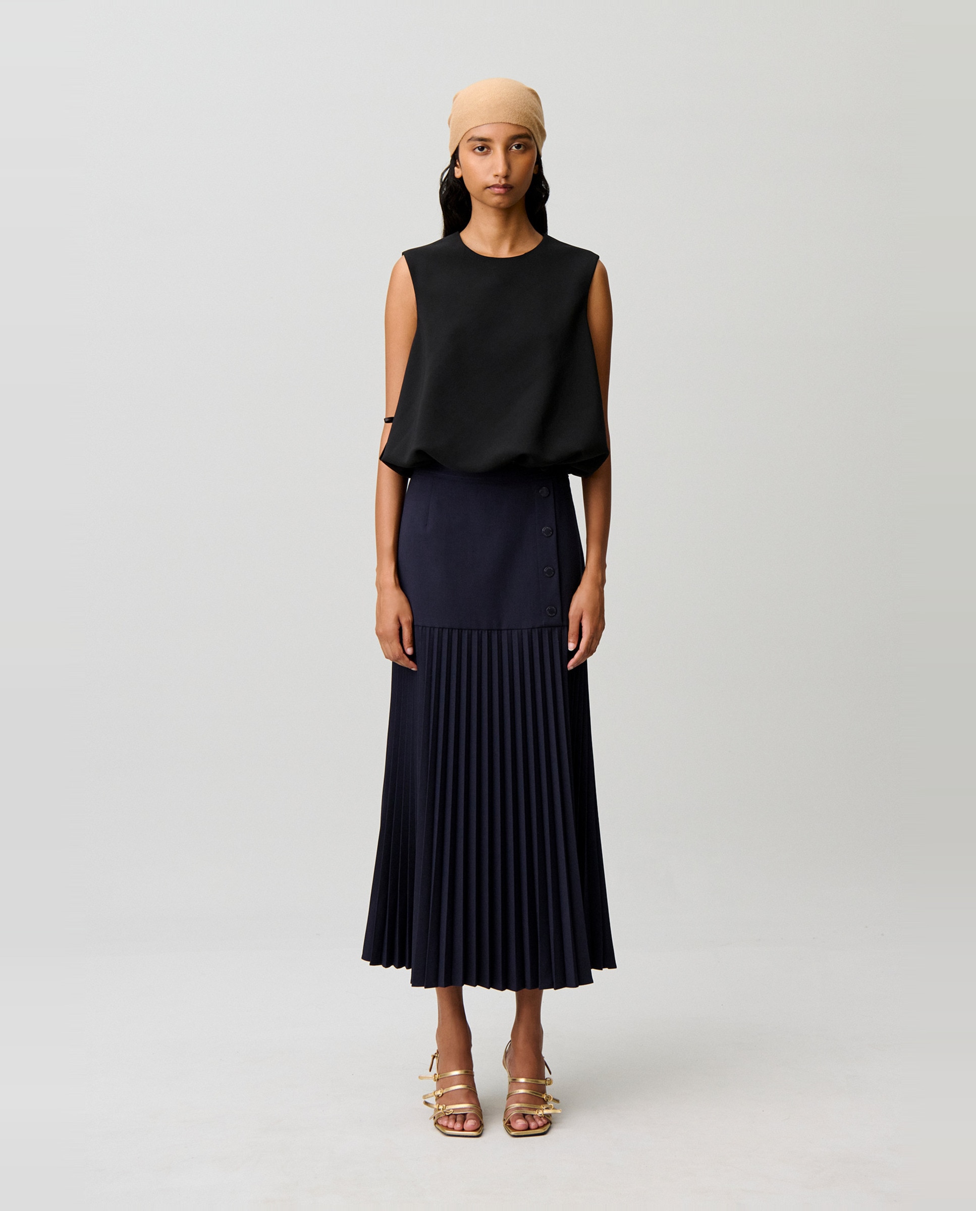 Falda midi de punto, cintura alta y plisada - Claudie Pierlot - Azul marino Azul marino-1