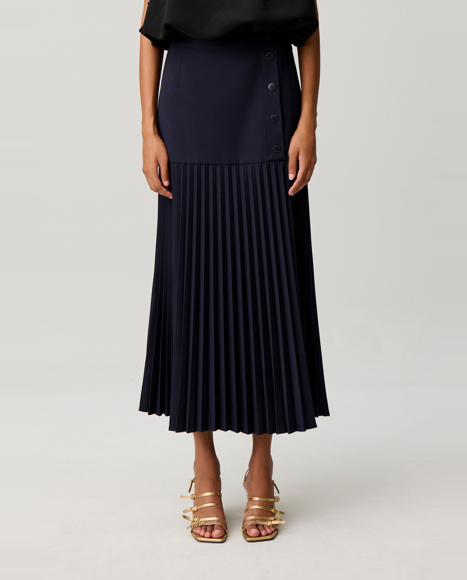 Falda midi de punto, cintura alta y plisada - Claudie Pierlot - Azul marino Azul marino-2