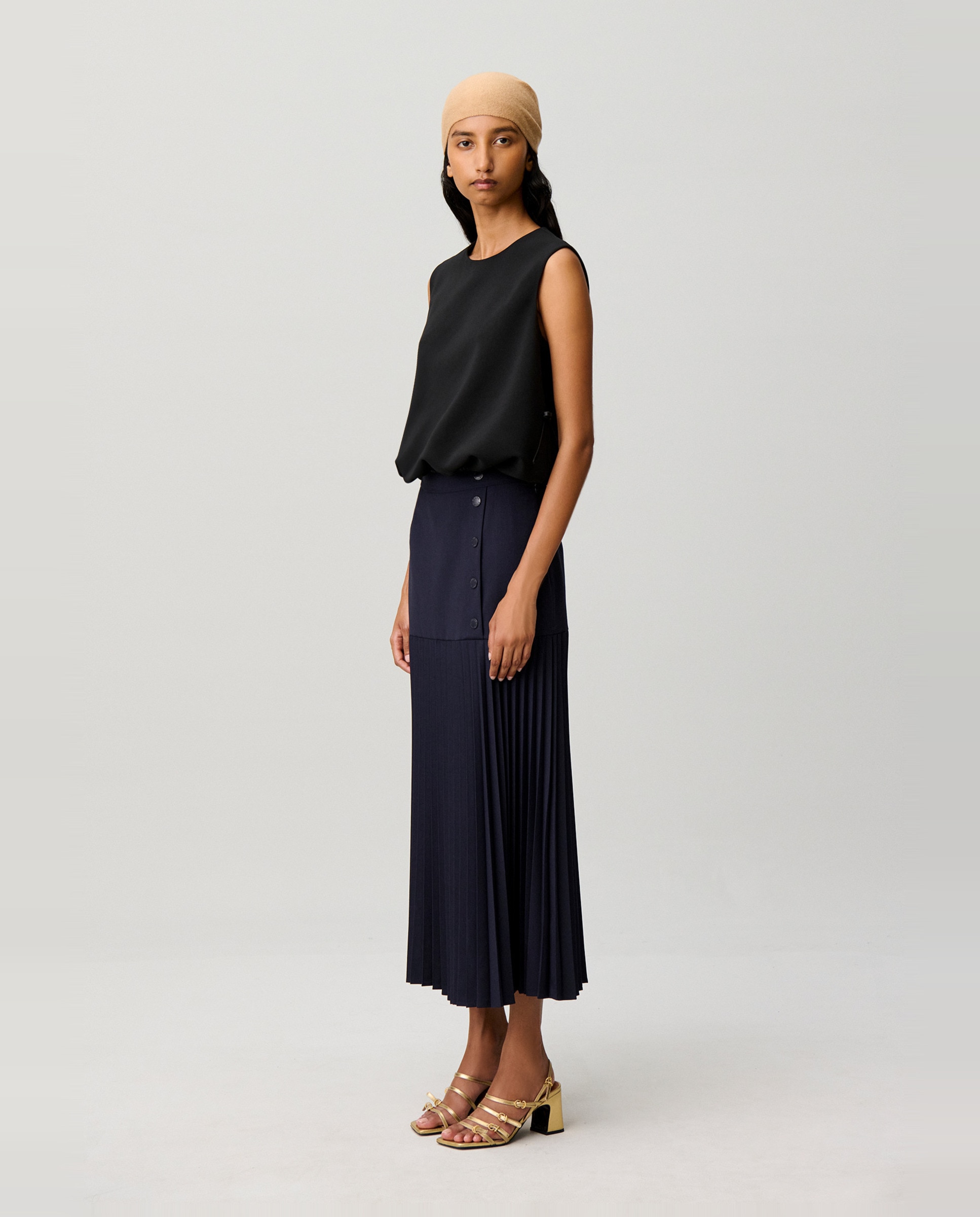 Falda midi de punto, cintura alta y plisada - Claudie Pierlot - Azul marino Azul marino-4