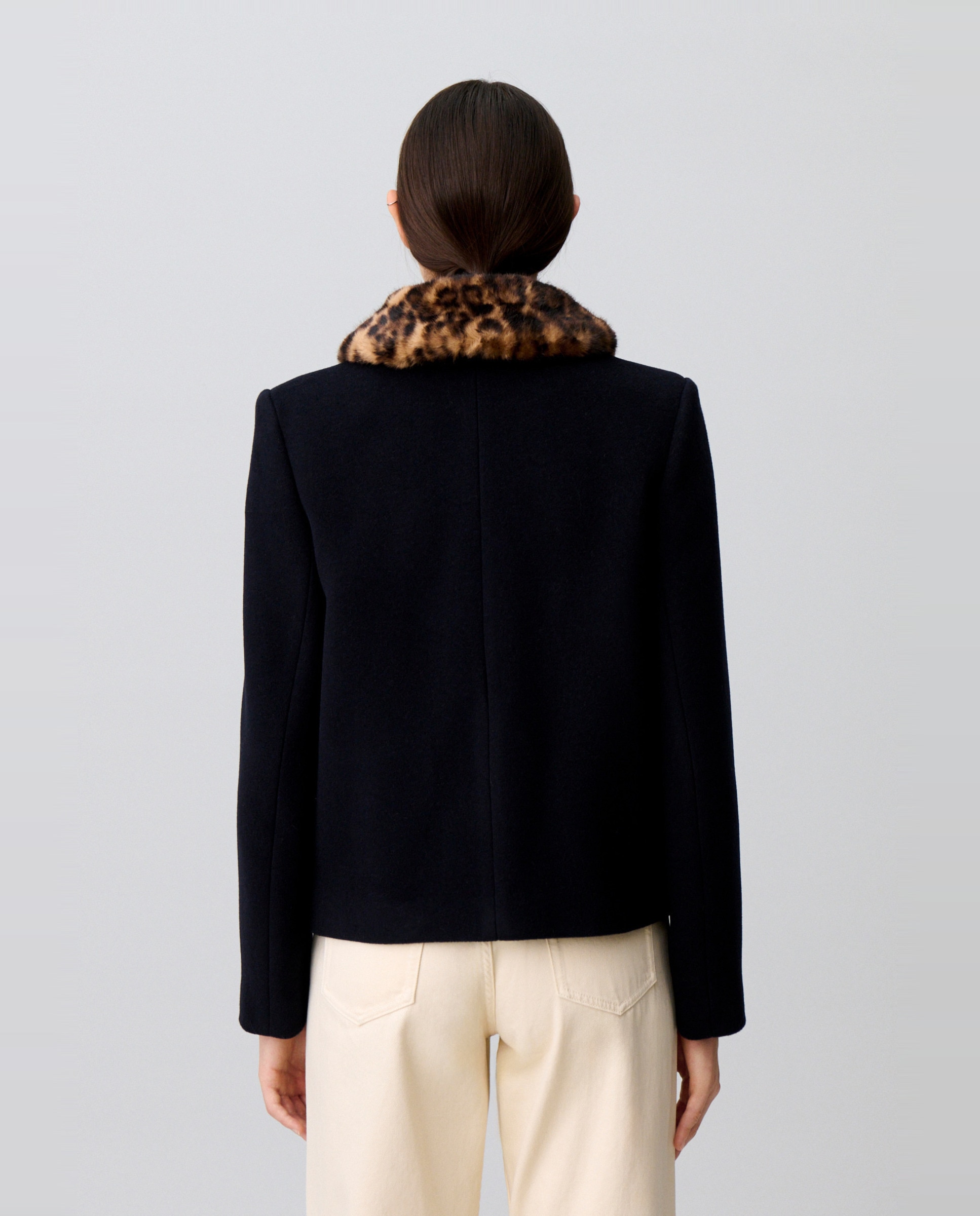 Abrigo de paño de mujer corto en mezcla de lana con cuello de pelo sintético de leopardo desmontable - Claudie Pierlot - Azul marino Azul marino-2