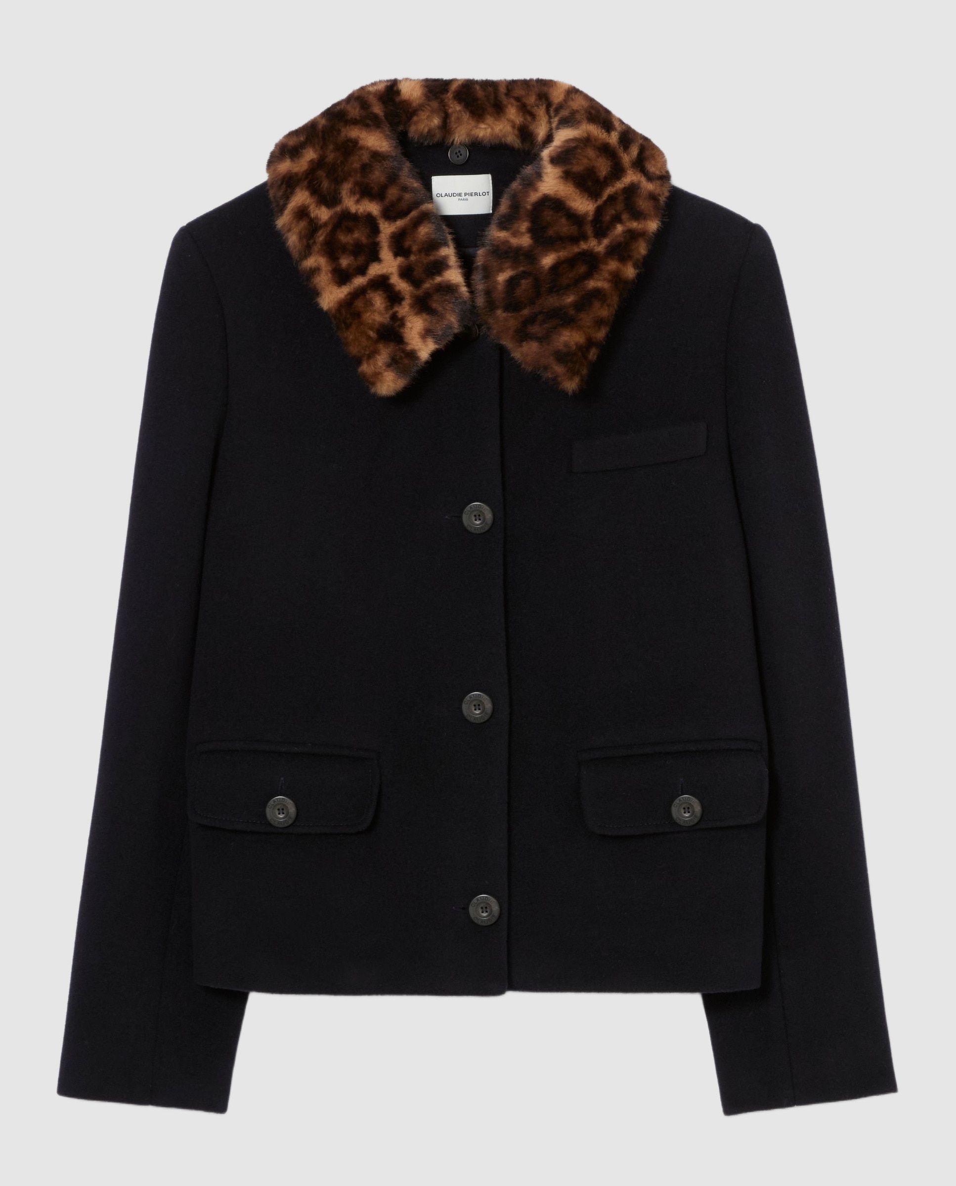 Abrigo de paño de mujer corto en mezcla de lana con cuello de pelo sintético de leopardo desmontable - Claudie Pierlot - Azul marino Azul marino-8