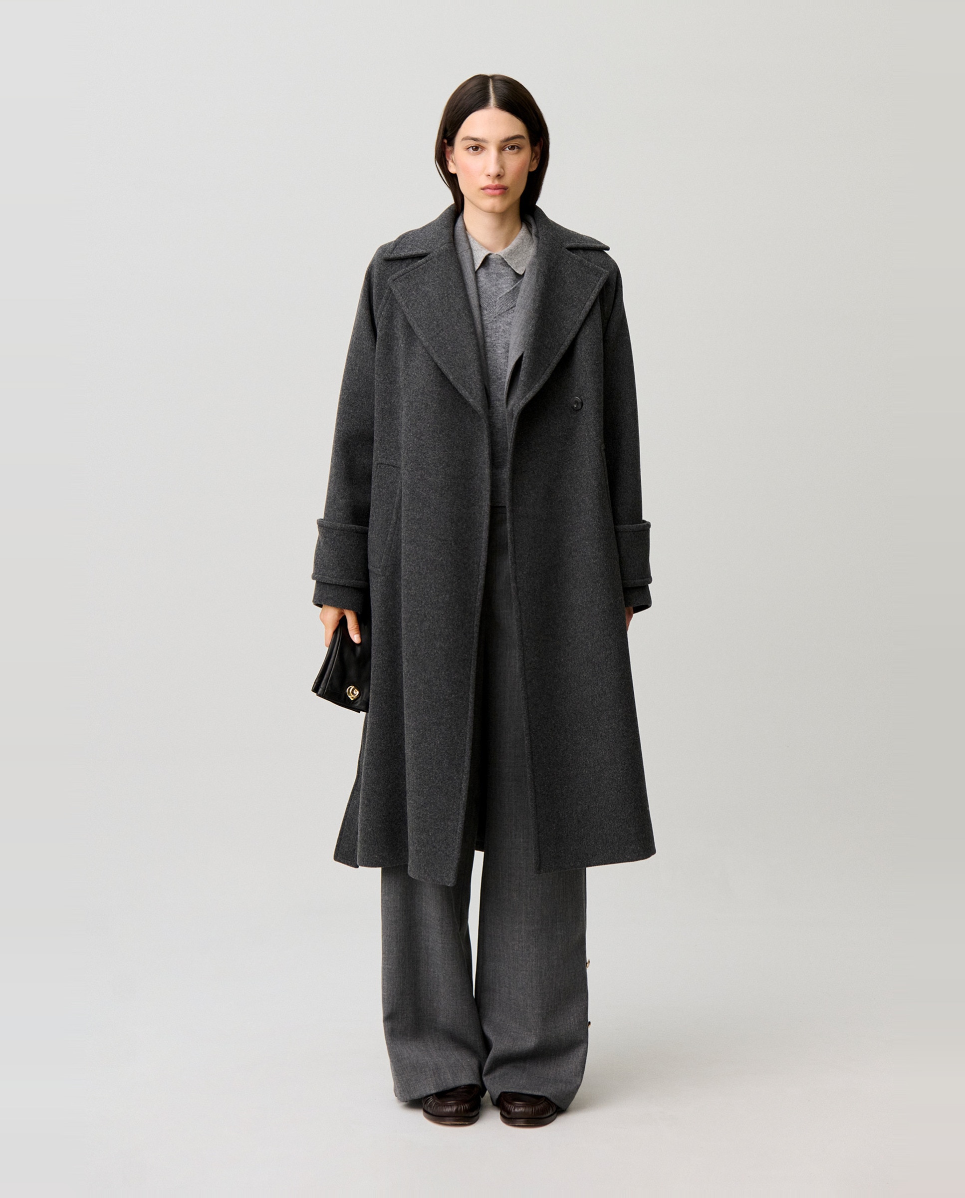 Abrigo de mujer semilargo de mezcla de lana y cuello sastre - Claudie Pierlot - Gris Gris-2
