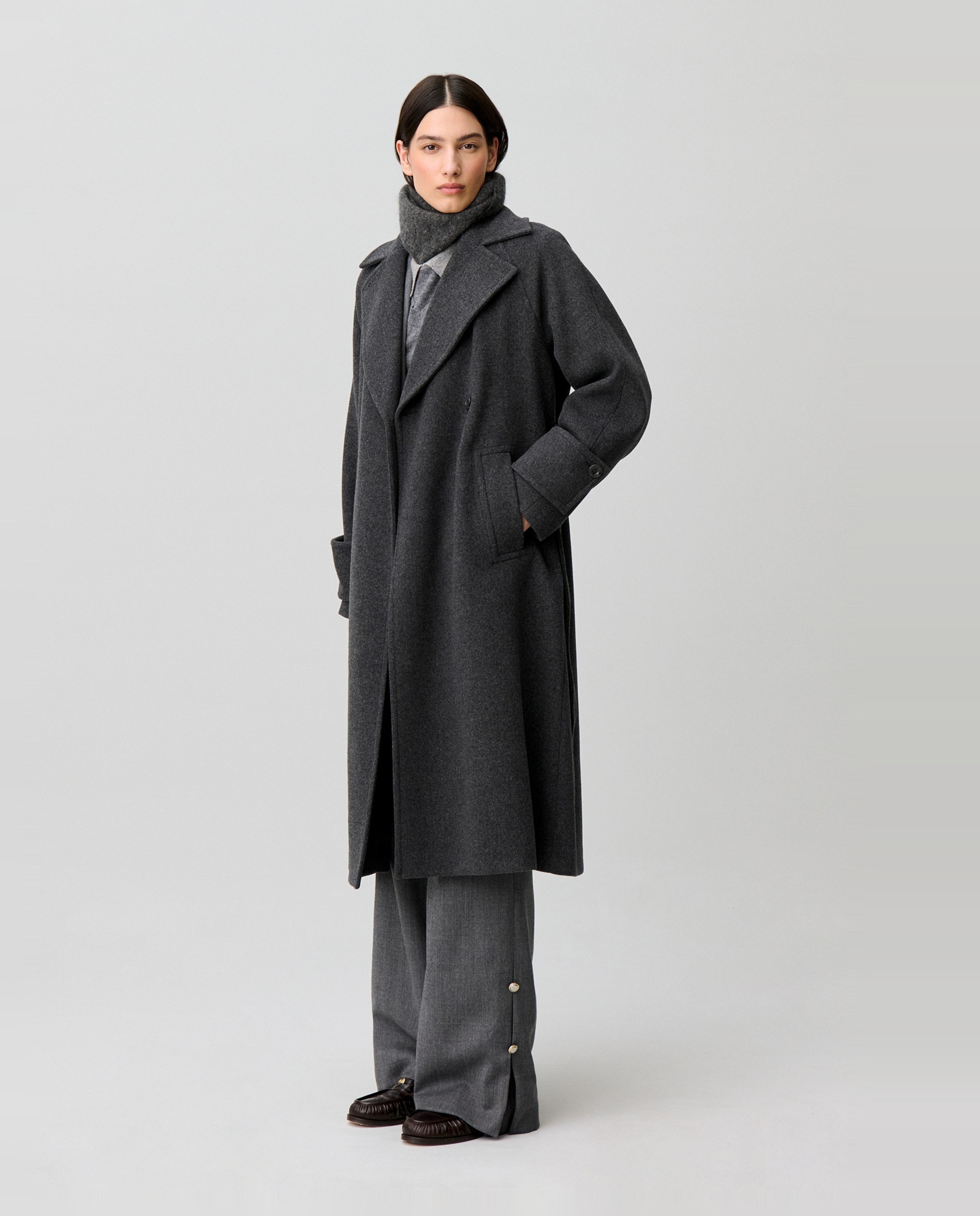 Abrigo de mujer semilargo de mezcla de lana y cuello sastre - Claudie Pierlot - Gris Gris-3