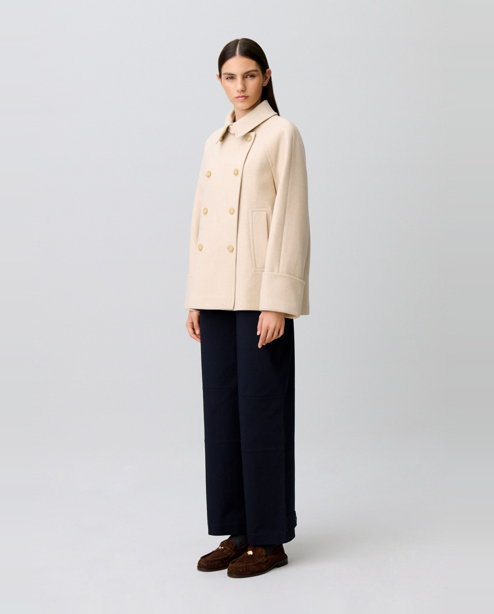 Chaquetón de paño de mujer con doble botonadura y cuello camisero - Claudie Pierlot - Beige Beige-2