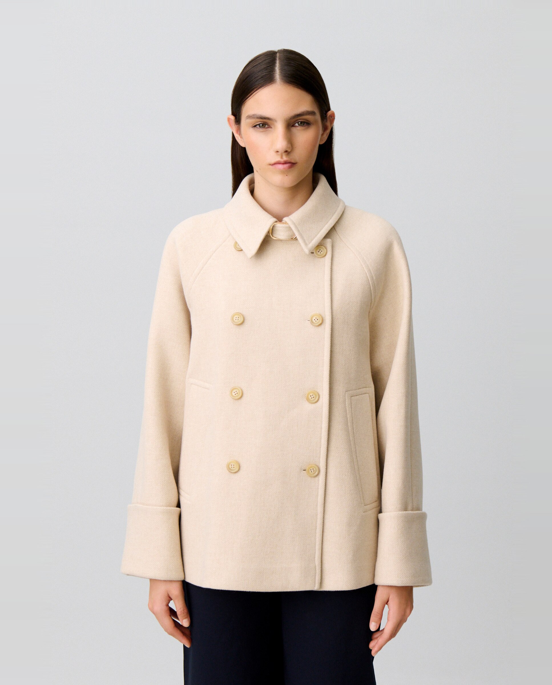 Chaquetón de paño de mujer con doble botonadura y cuello camisero - Claudie Pierlot - Beige Beige-4