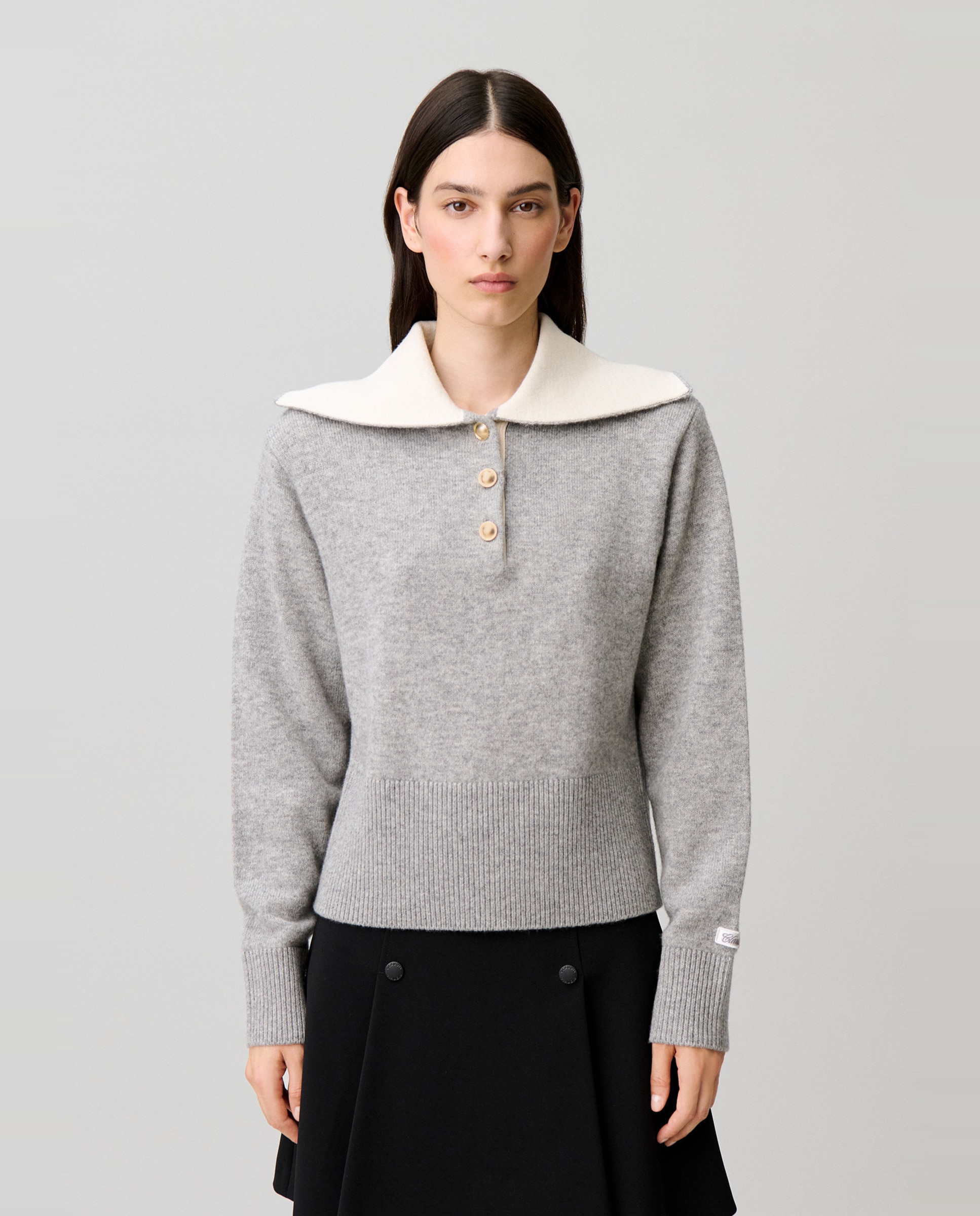 Jersey de mujer de lana, cuello camionero y corte holgado - Claudie Pierlot - Gris Gris-1