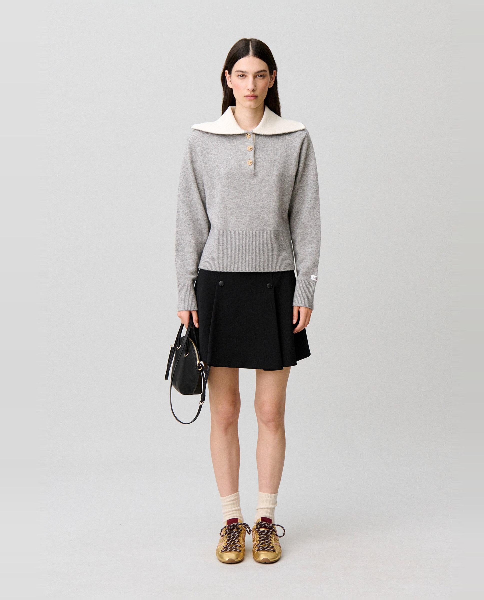 Jersey de mujer de lana, cuello camionero y corte holgado - Claudie Pierlot - Gris Gris-4