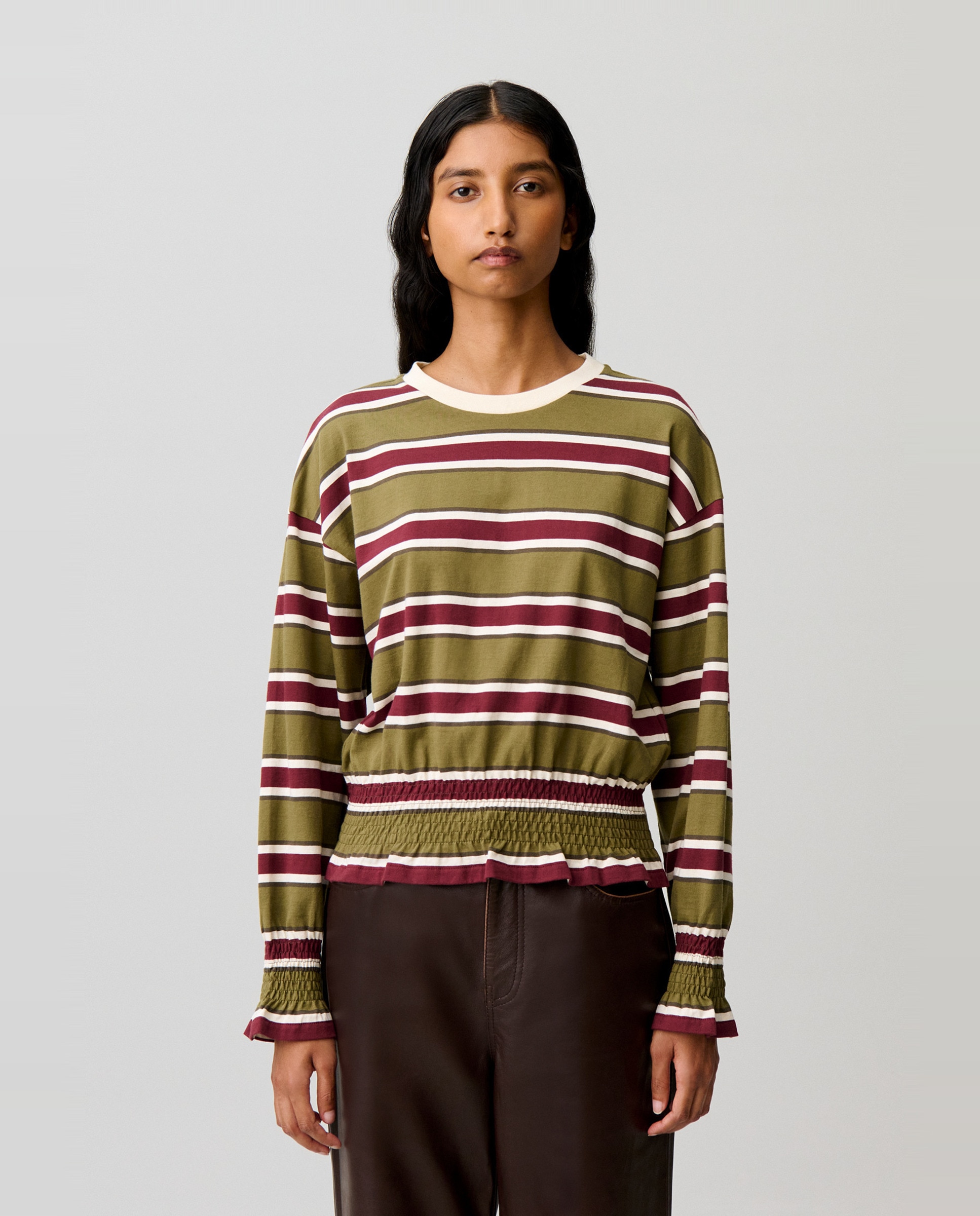 Camiseta de mujer manga larga cuello en contraste nido de abeja y volantes - Claudie Pierlot - Multicolor Multicolor-1