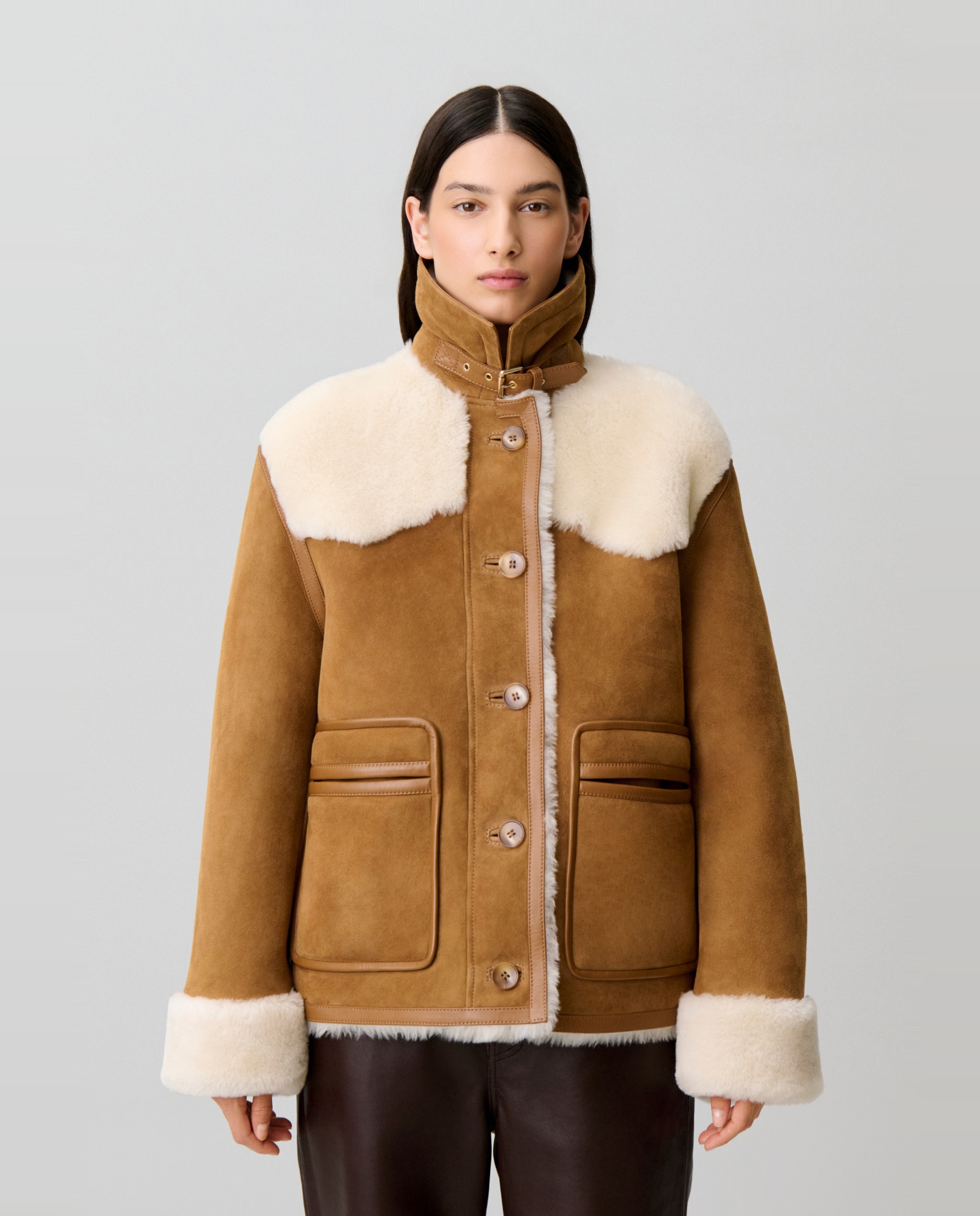 Cazadora de mujer doble faz con borreguito y cuello con ribete de cuero - Claudie Pierlot - Multicolor Multicolor-1