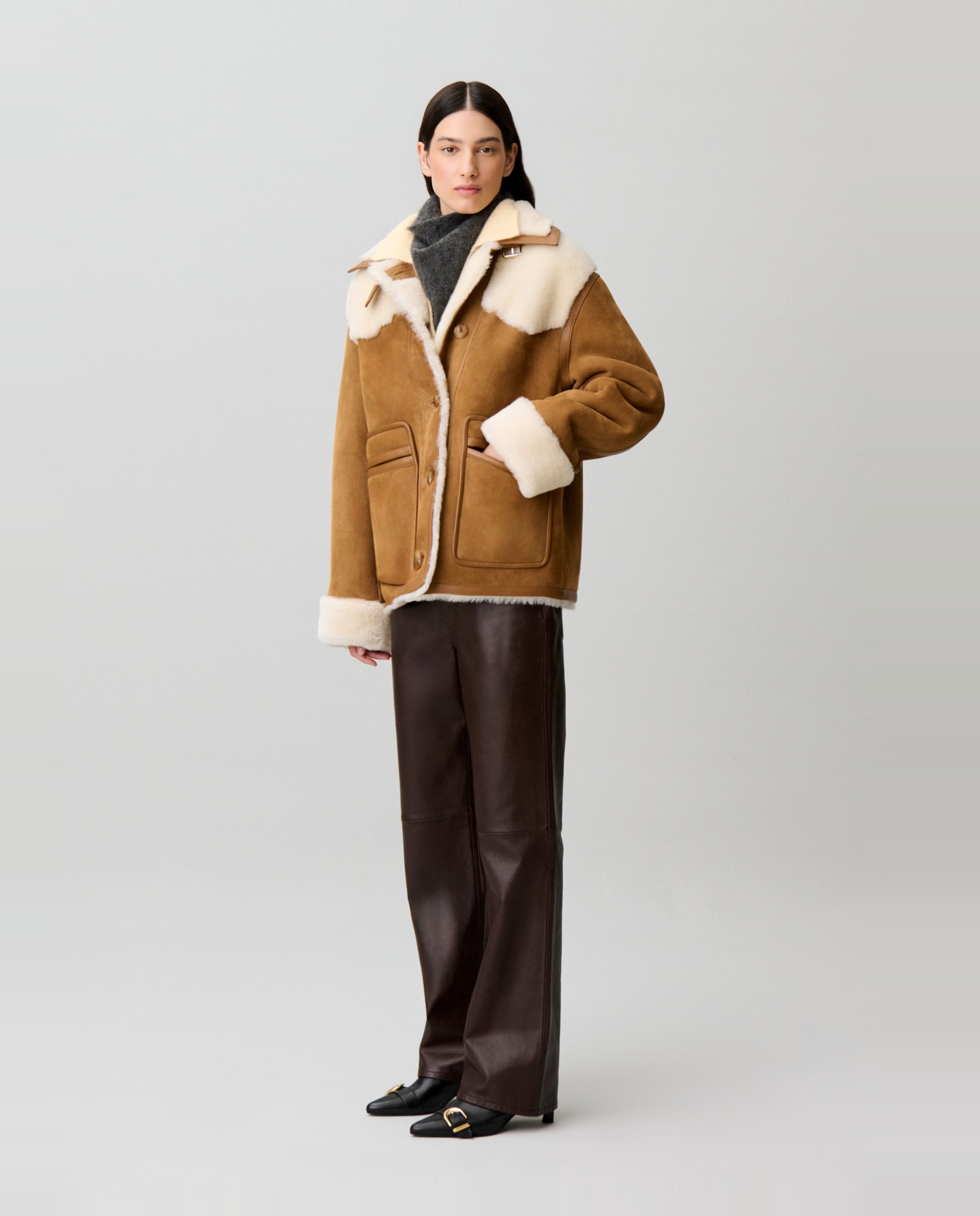 Cazadora de mujer doble faz con borreguito y cuello con ribete de cuero - Claudie Pierlot - Multicolor Multicolor-3